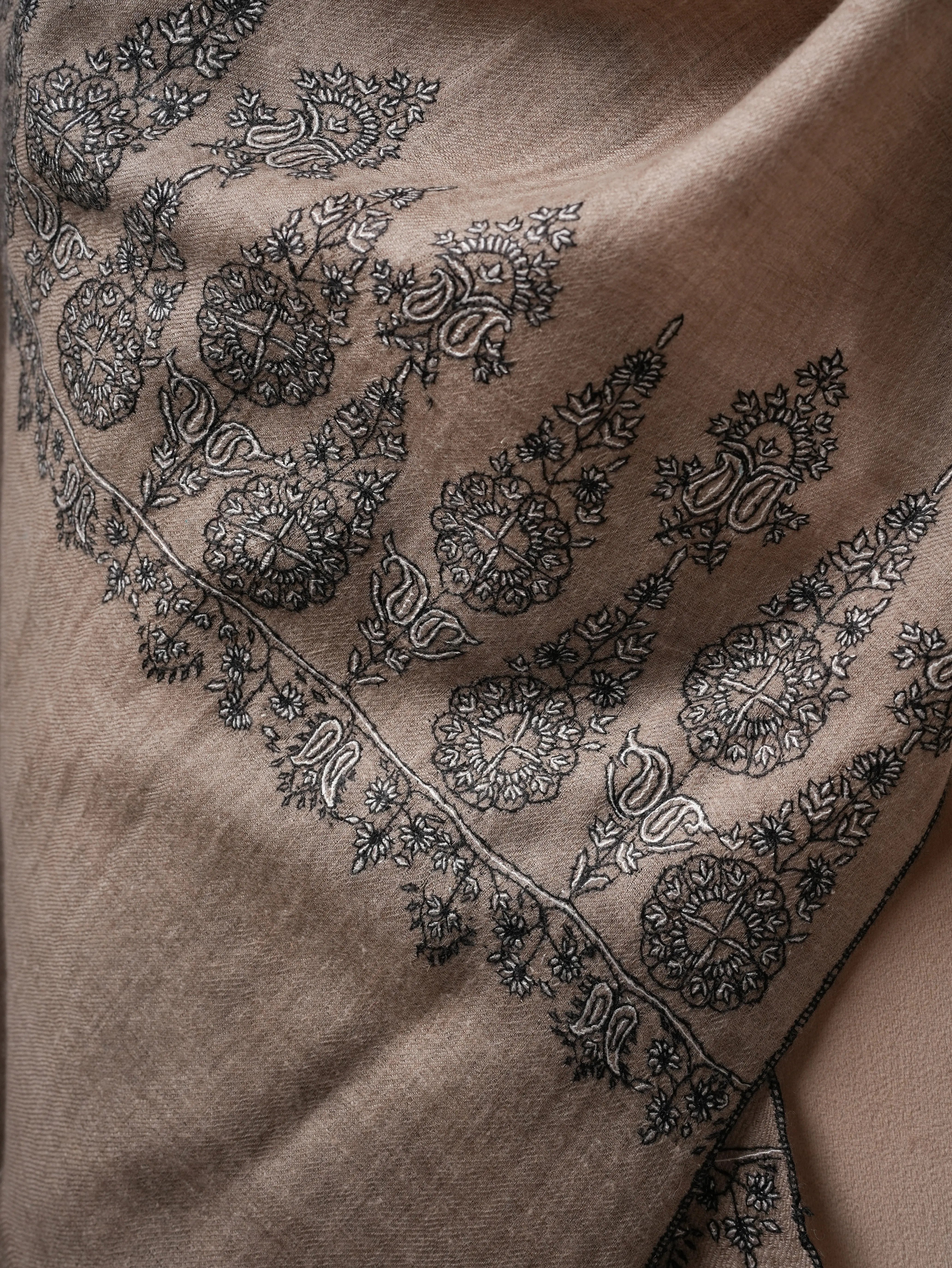 Handwoven Natural Grey Cashmere Scarf with Black and White Palla Embroidery Shahkaar