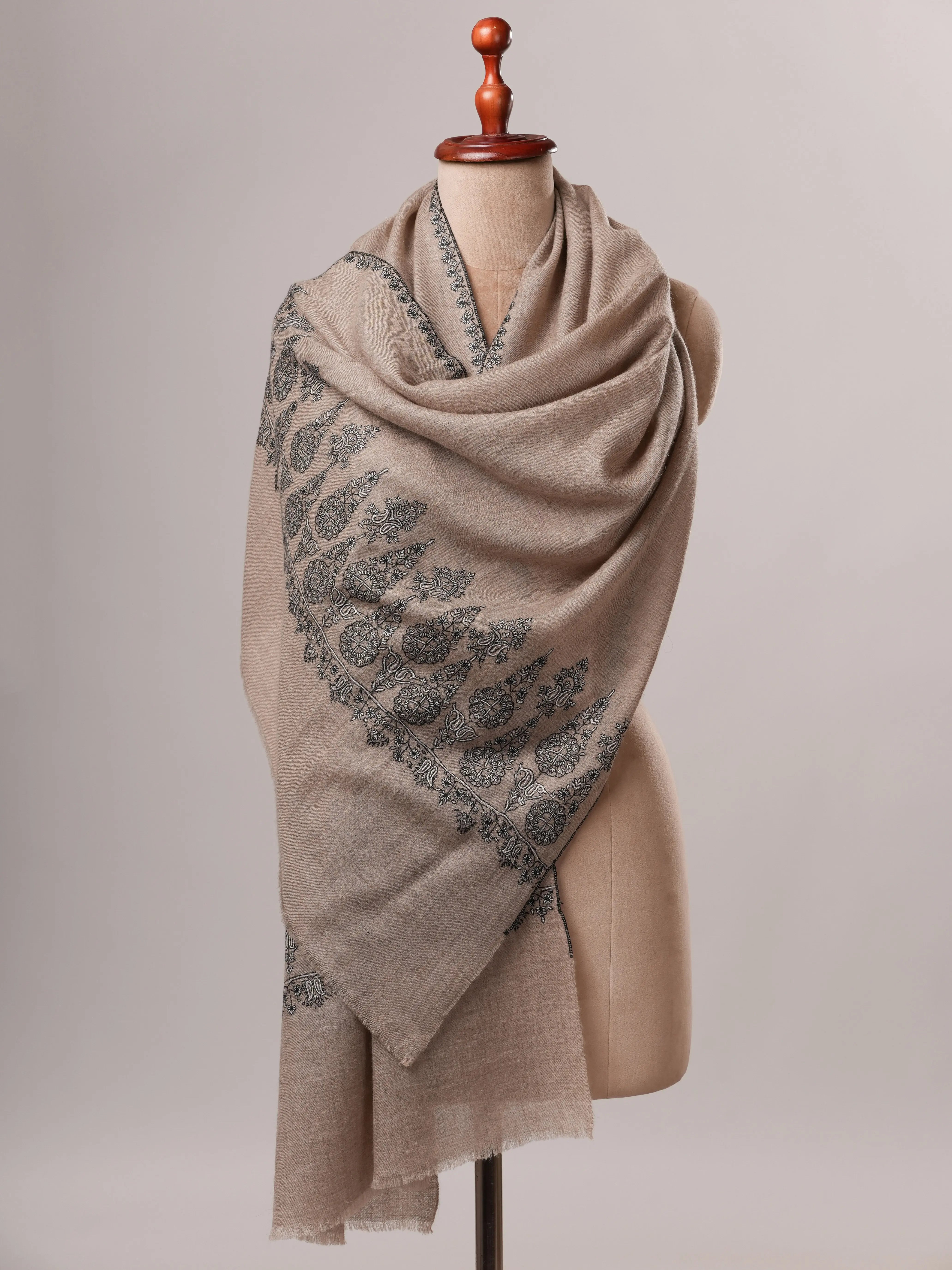 Handwoven Natural Grey Cashmere Scarf with Black and White Palla Embroidery Shahkaar