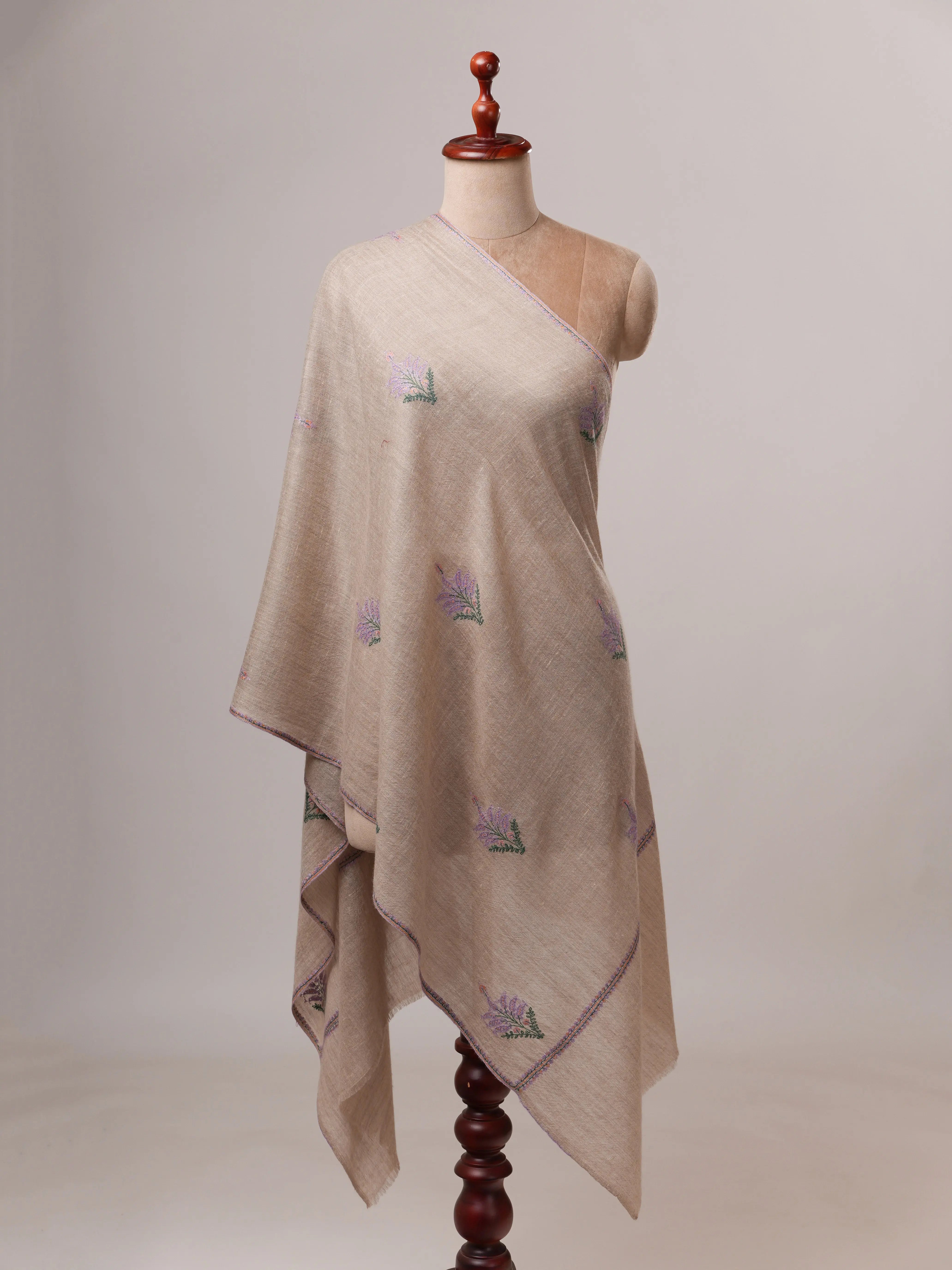 Handwoven Natural Grey Cashmere Scarf with Traditional Buteh Shahkaar