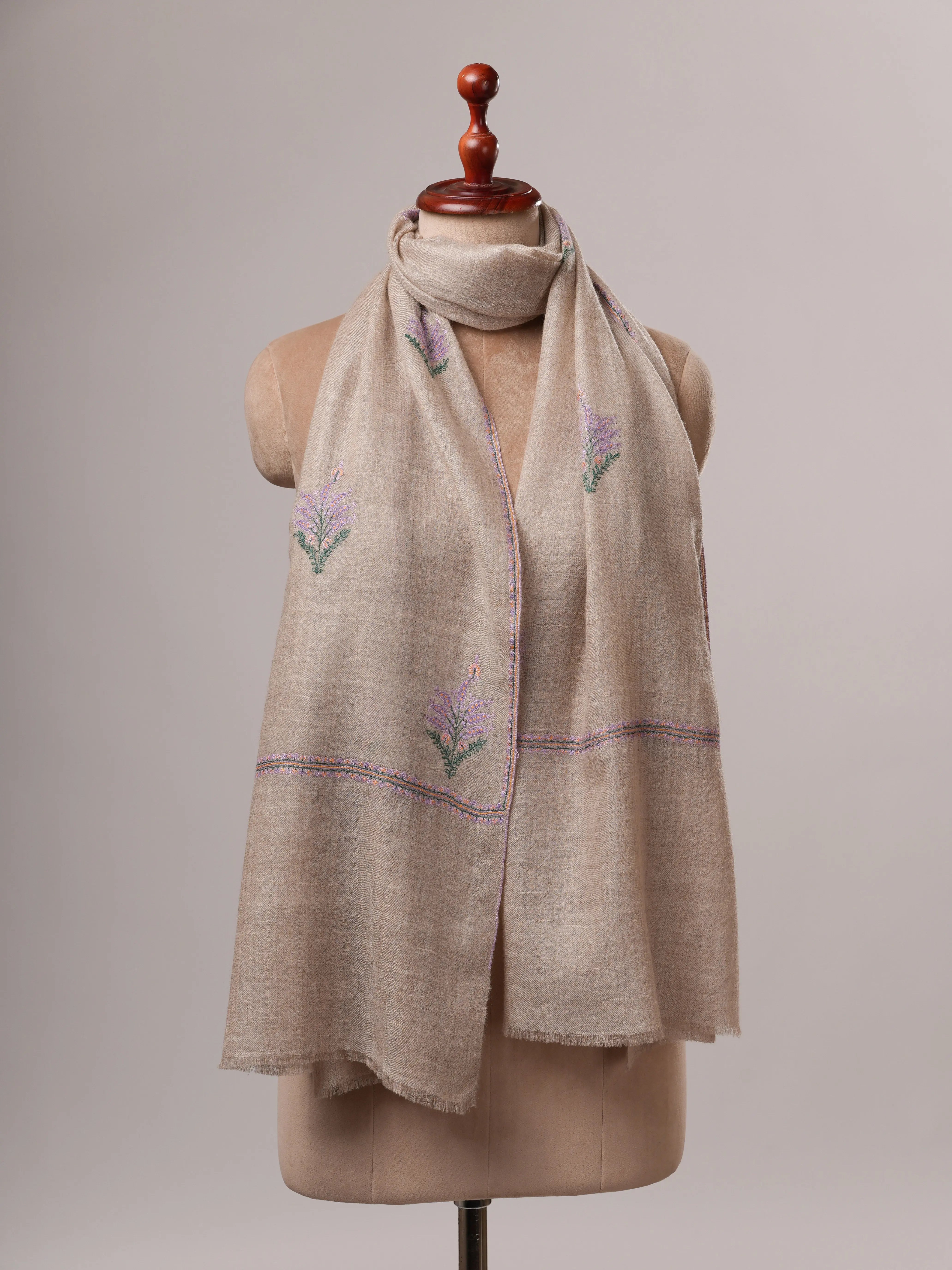 Handwoven Natural Grey Cashmere Scarf with Traditional Buteh Shahkaar