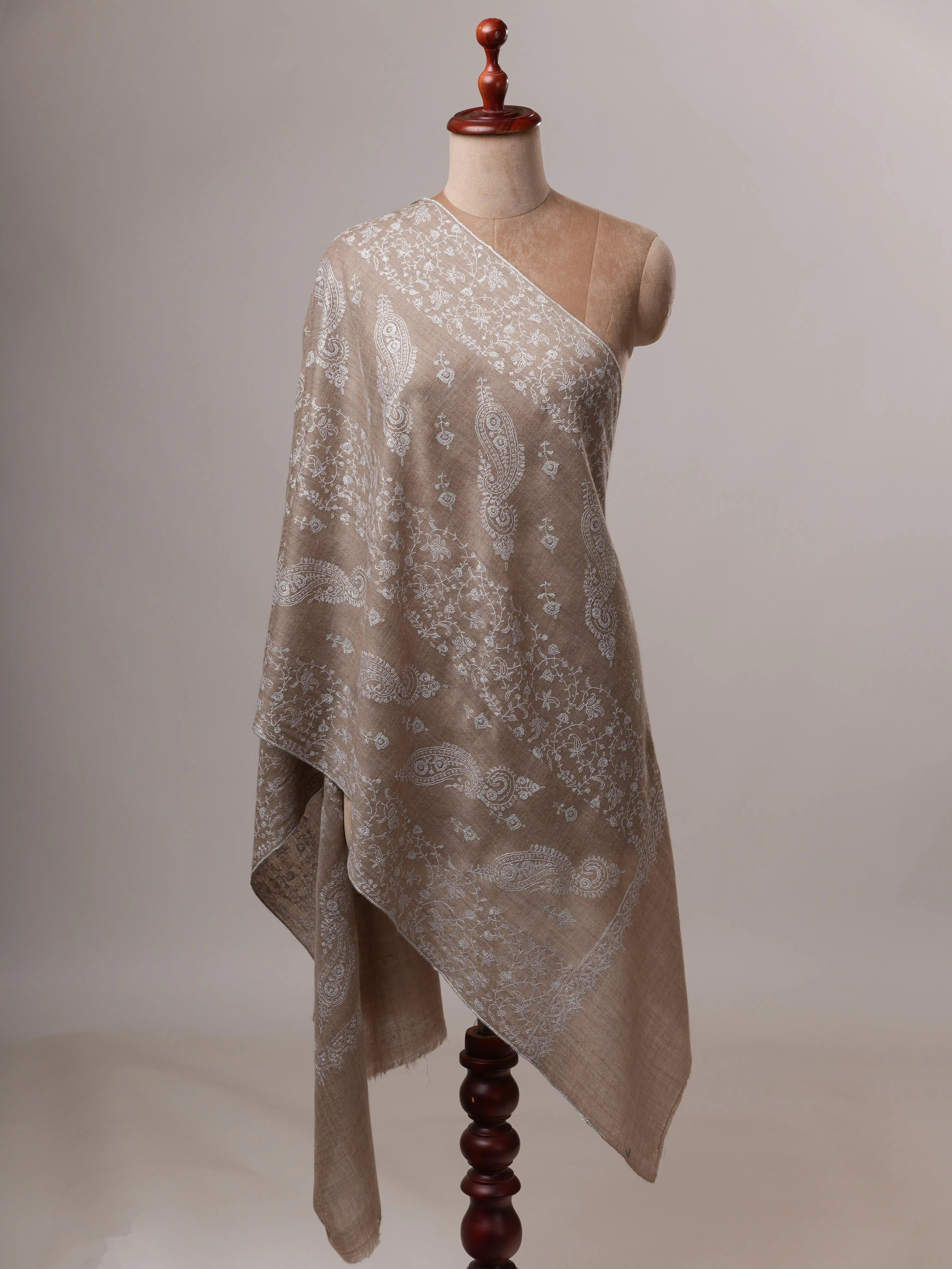 Handwoven Natural Grey Cashmere Scarf with White Embroidery Shahkaar