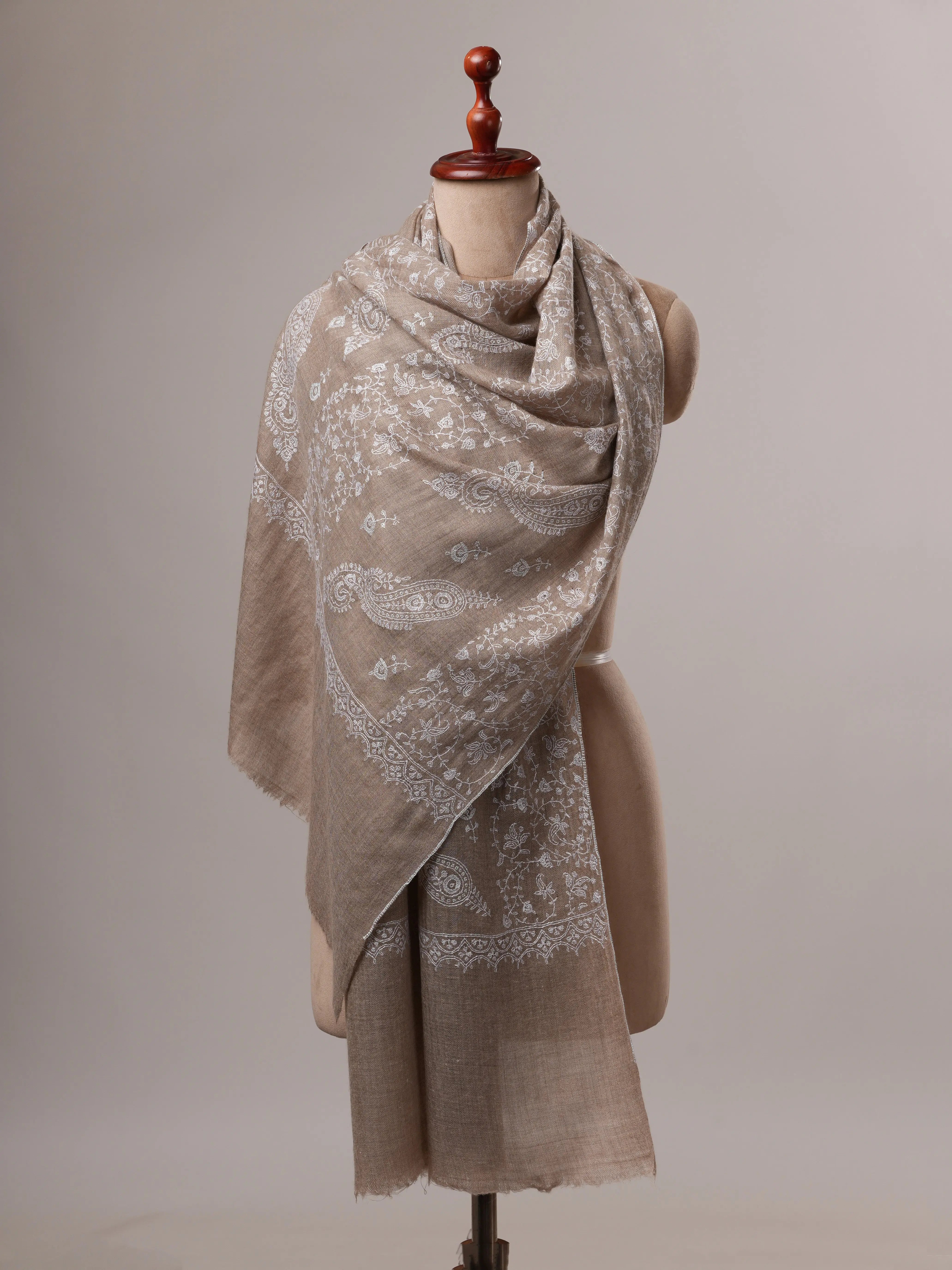 Handwoven Natural Grey Cashmere Scarf with White Embroidery Shahkaar