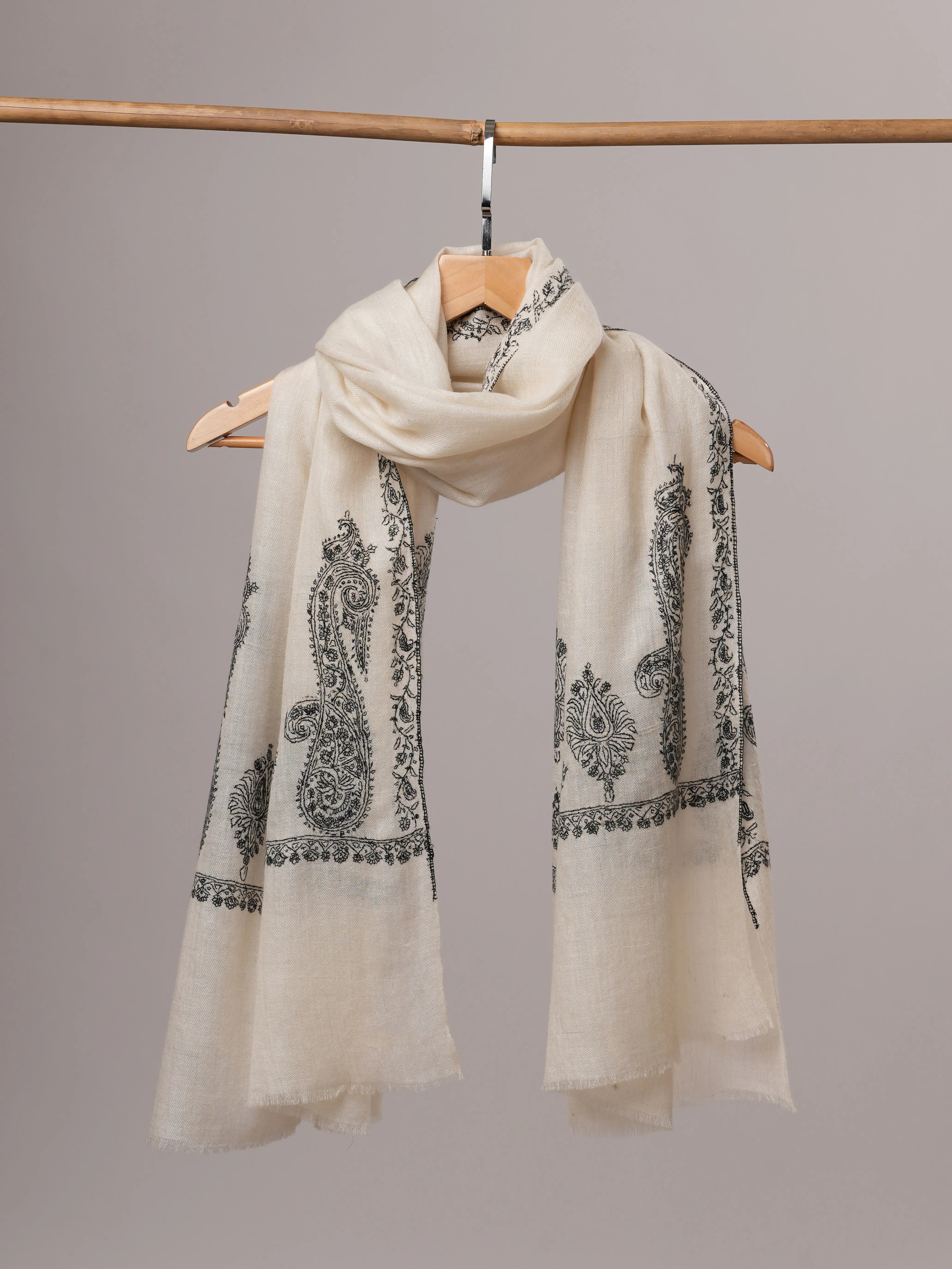 Handwoven Natural Ivory Cashmere Scarf with Paisley Palla Hand Embroidery Shahkaar