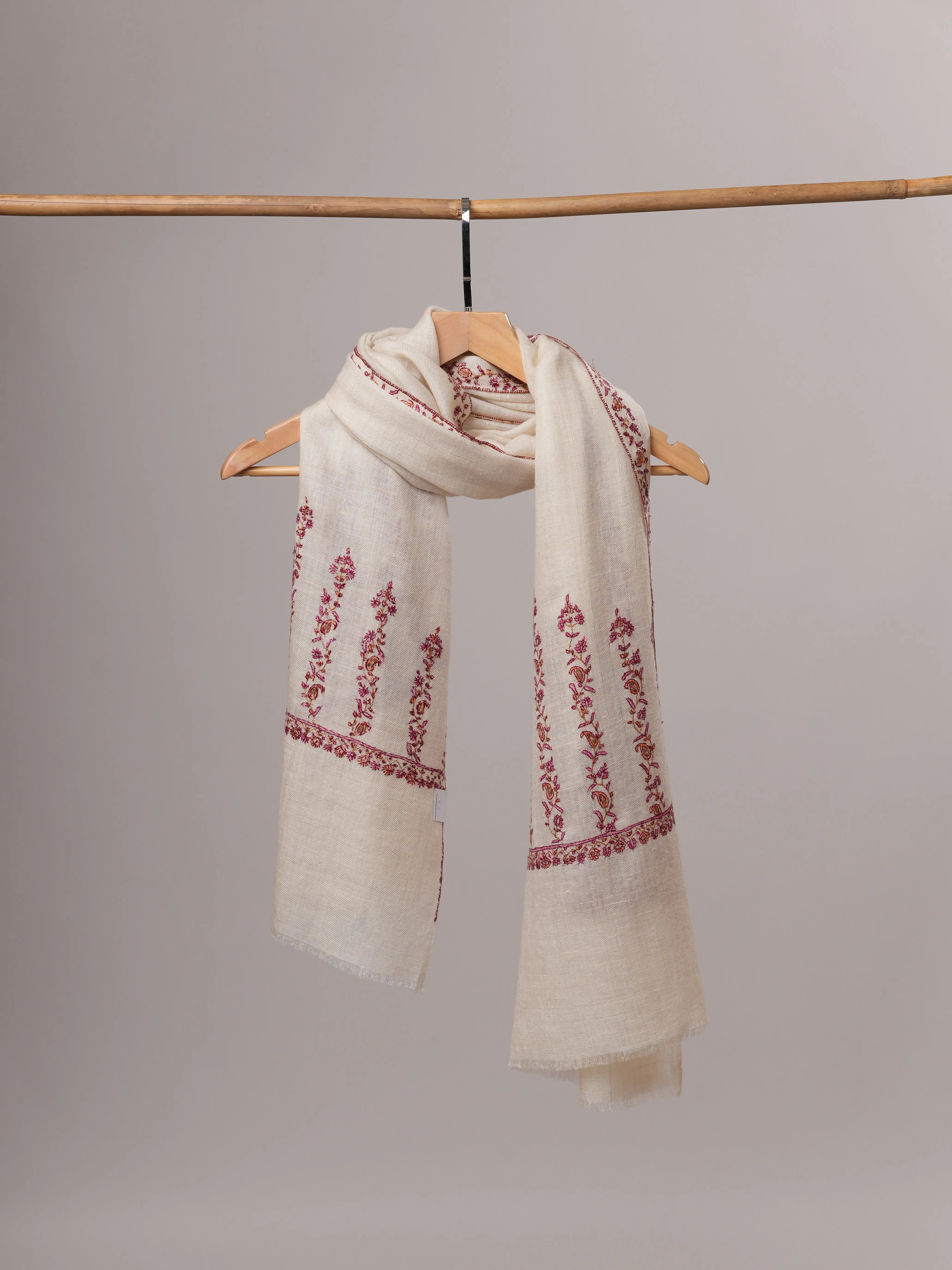 Handwoven Natural White Cashmere Scarf with Hand Embroidered Palla Shahkaar