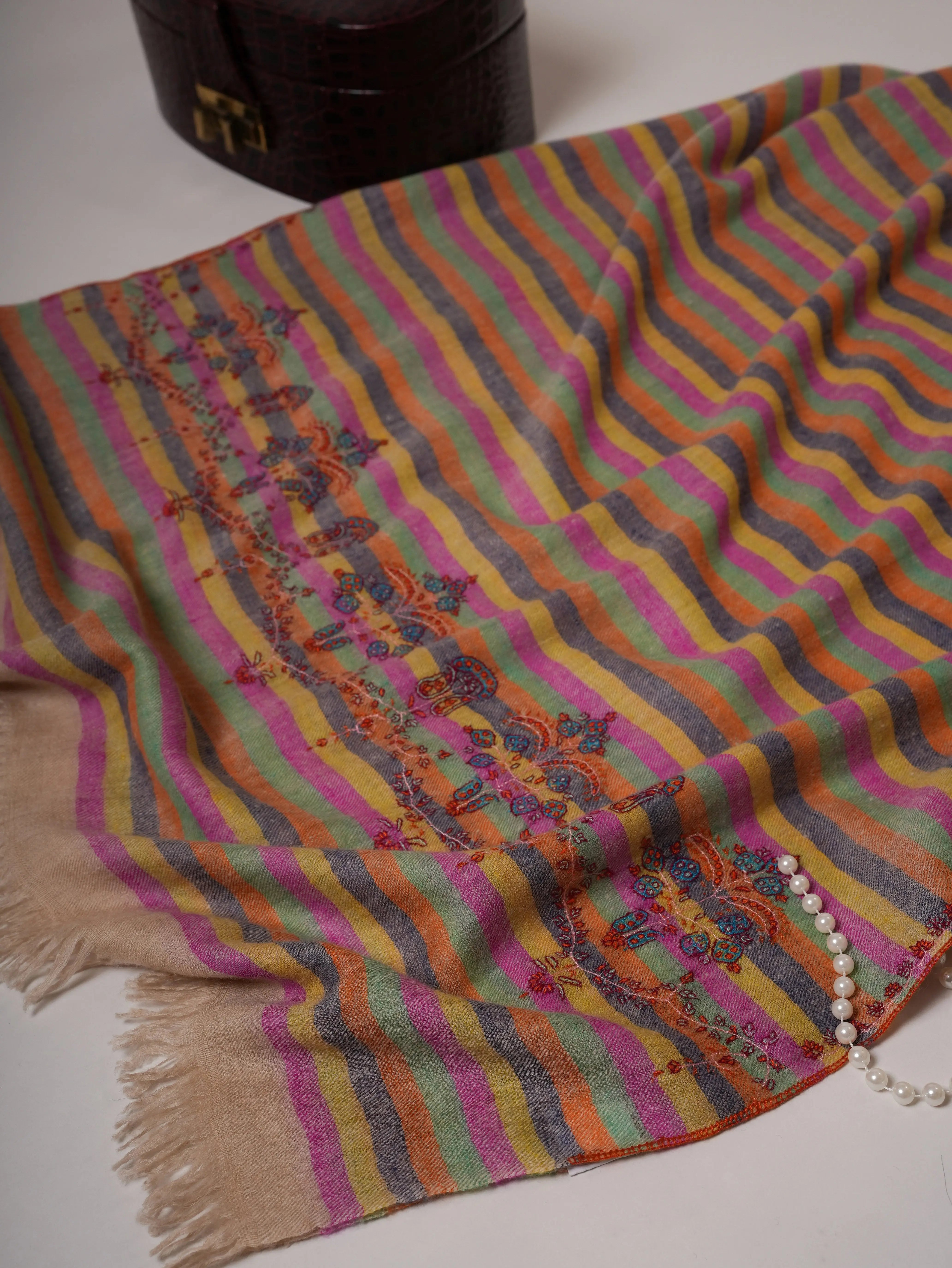 Handwoven Stripe Cashmere Scarf with Minimal Palla Embroidery Shahkaar