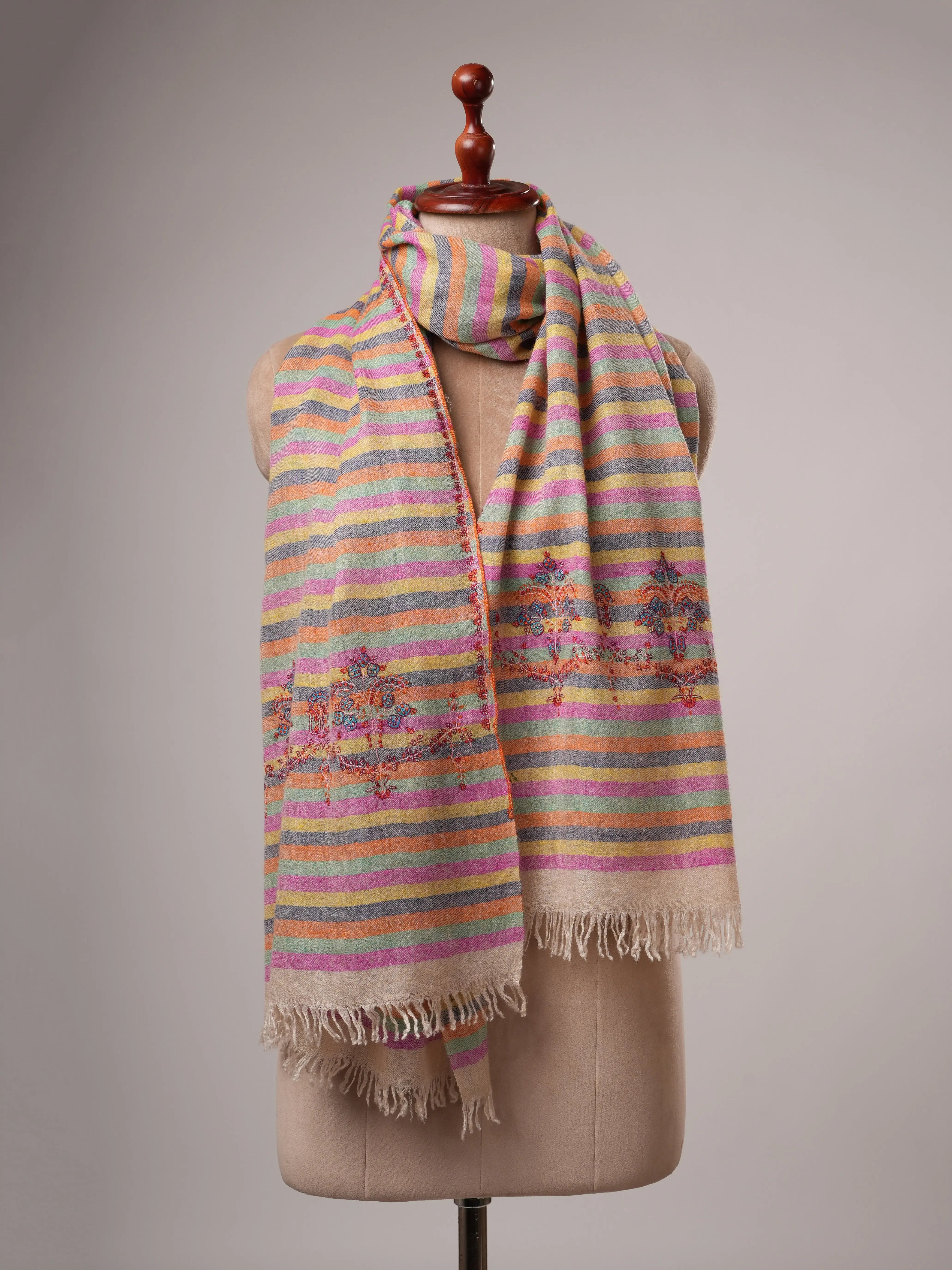 Handwoven Stripe Cashmere Scarf with Minimal Palla Embroidery Shahkaar