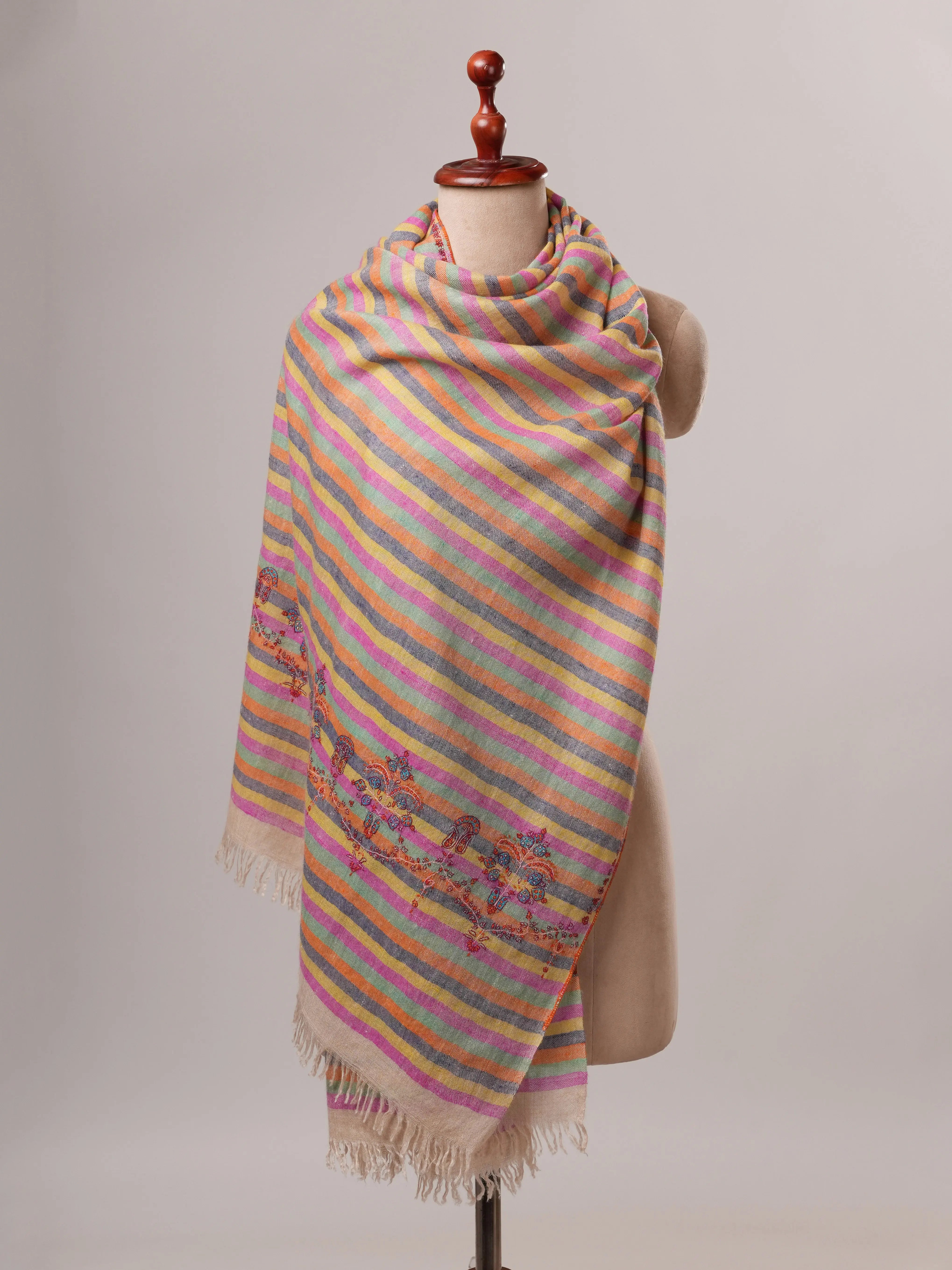 Handwoven Stripe Cashmere Scarf with Minimal Palla Embroidery Shahkaar