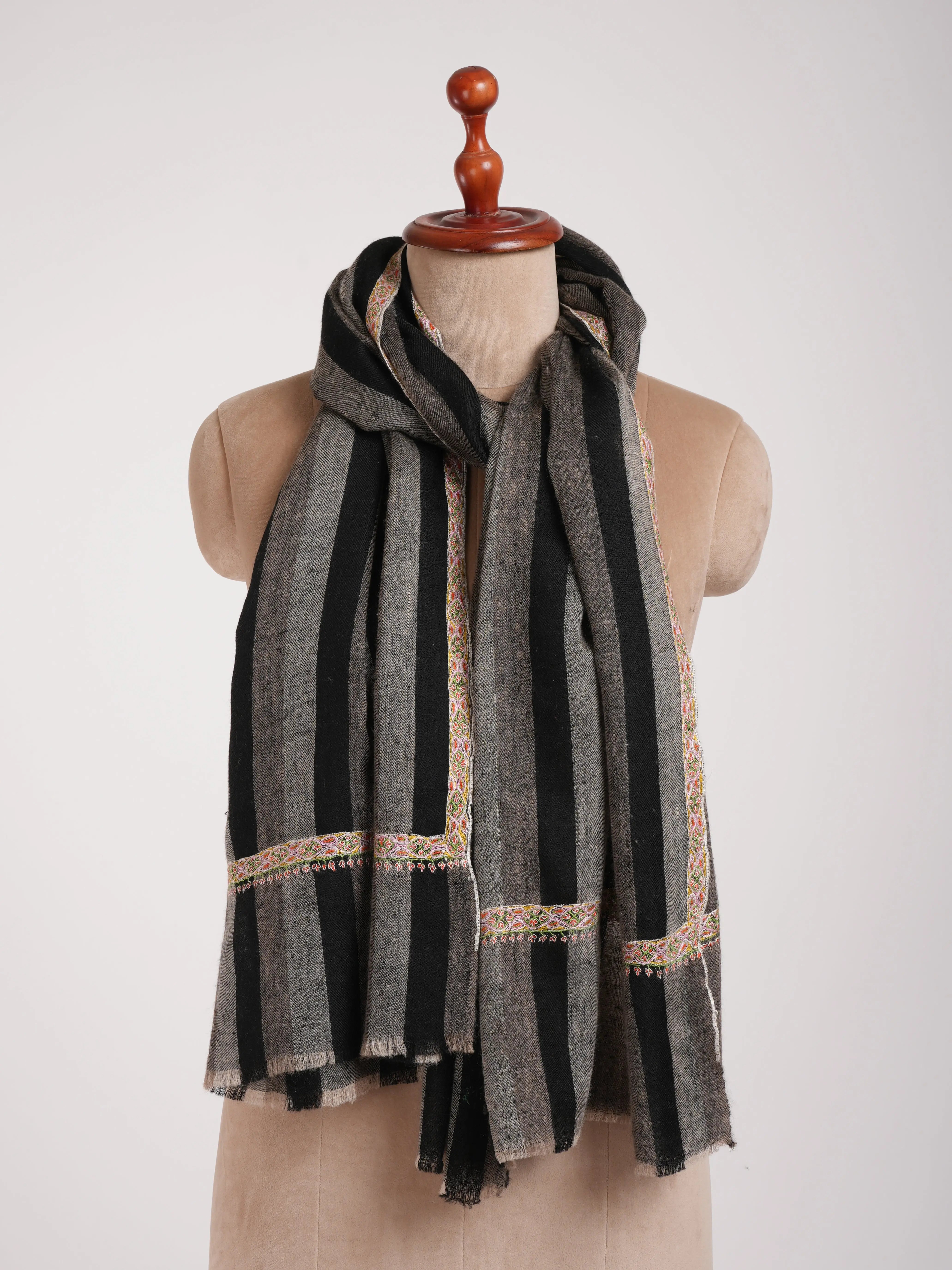 Hashia Embroidered Black and White Stripe Cashmere Stole Shahkaar