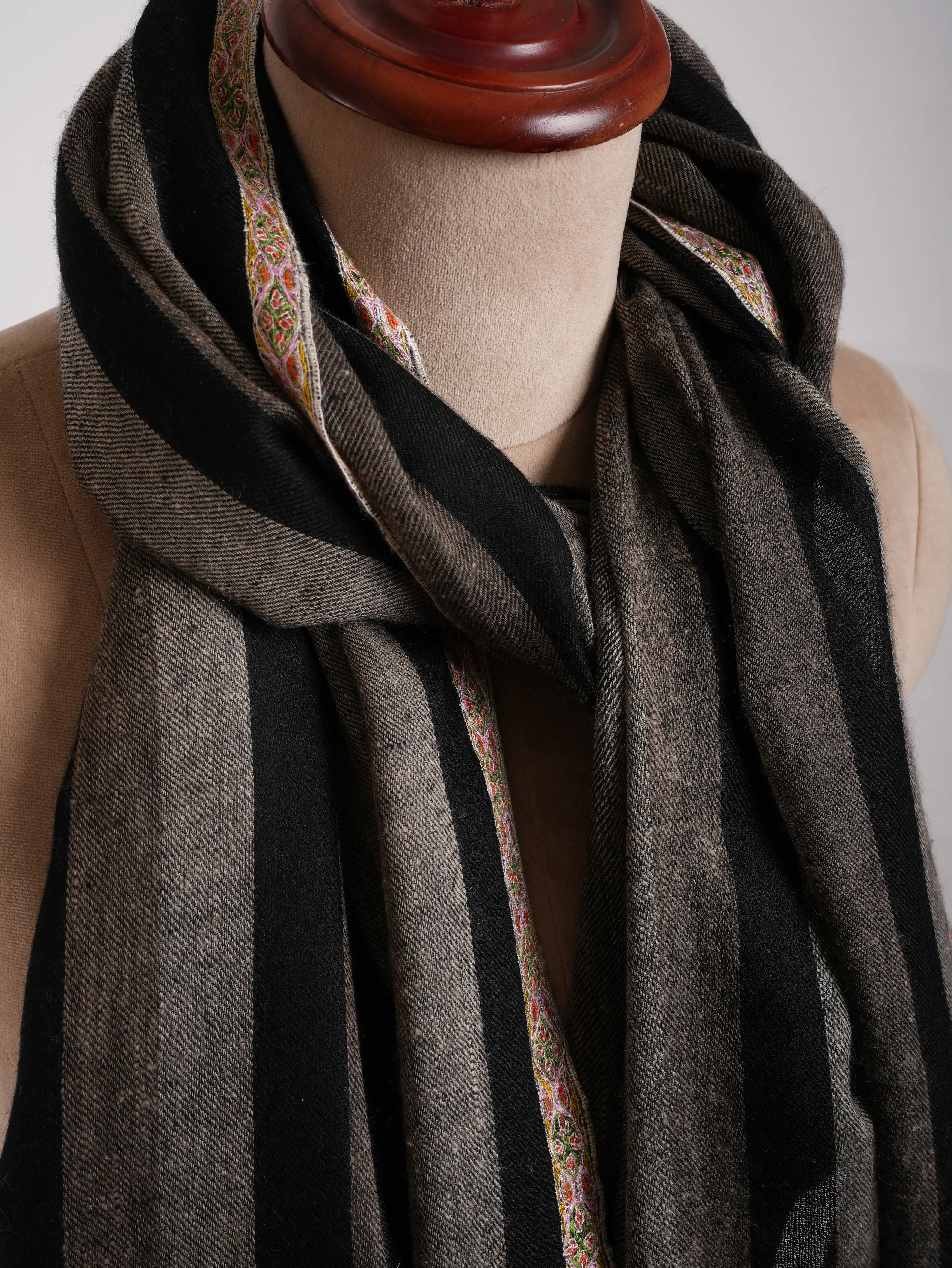 Hashia Embroidered Black and White Stripe Cashmere Stole Shahkaar