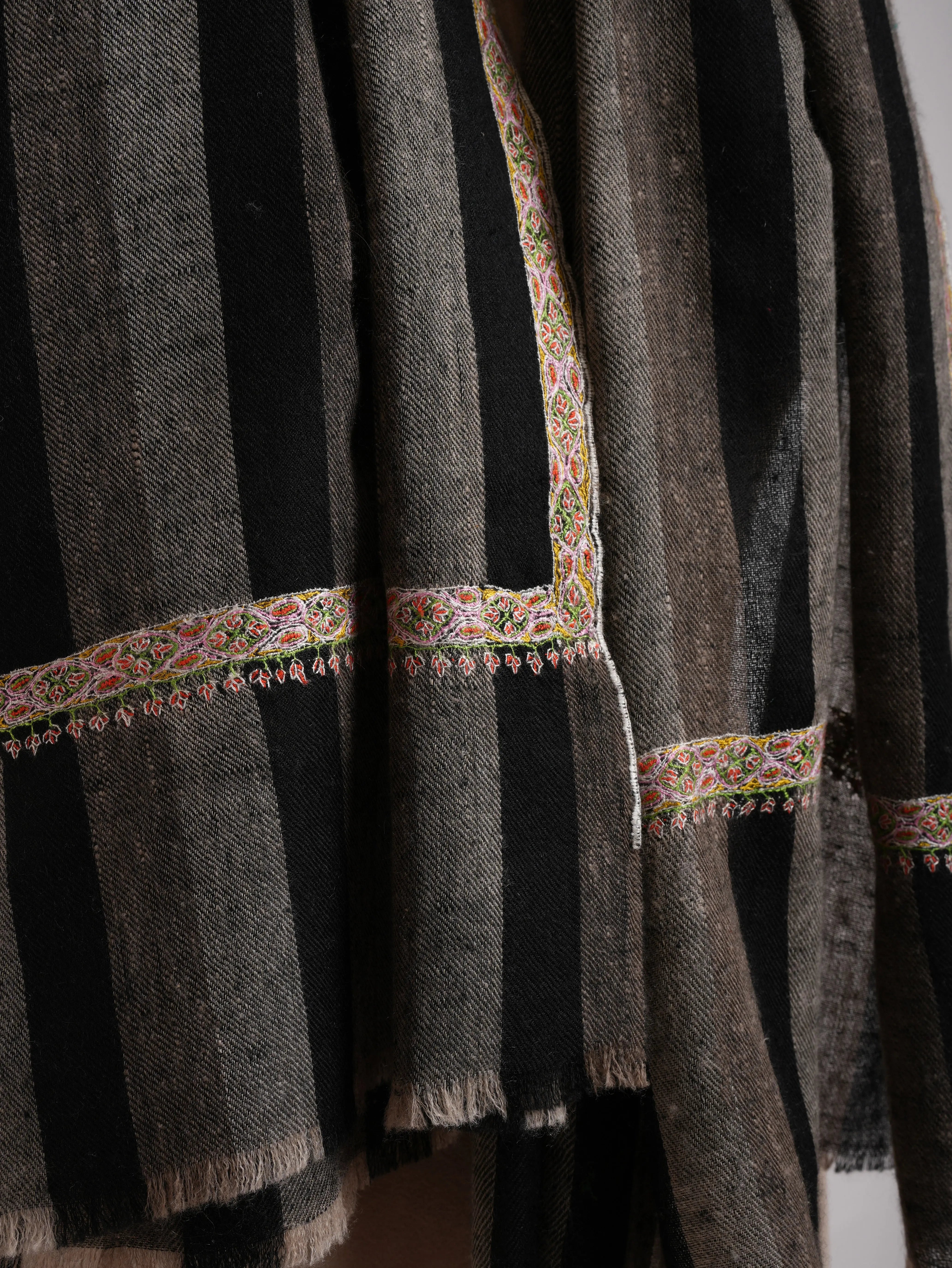 Hashia Embroidered Black and White Stripe Cashmere Stole Shahkaar