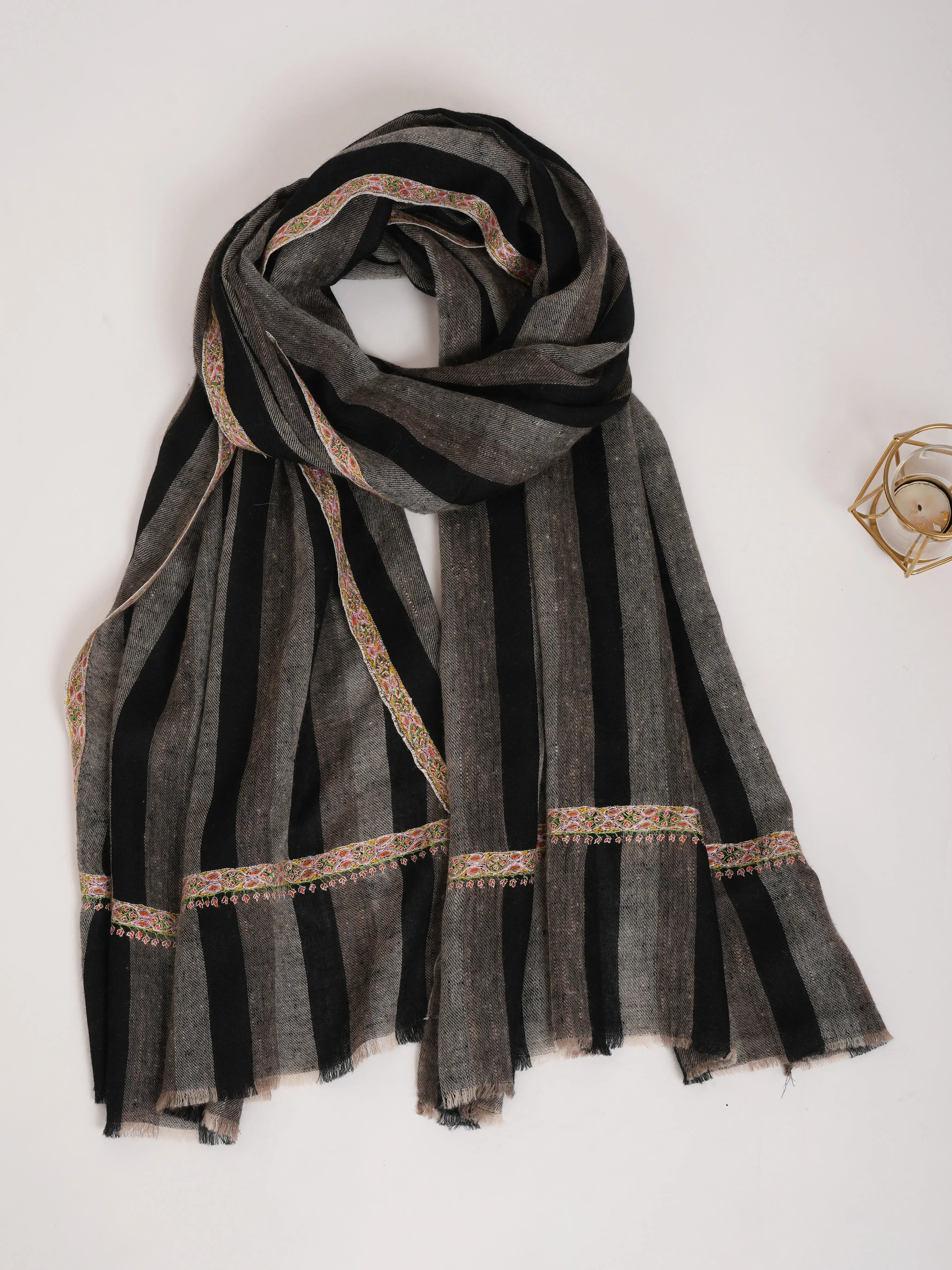 Hashia Embroidered Black and White Stripe Cashmere Stole Shahkaar