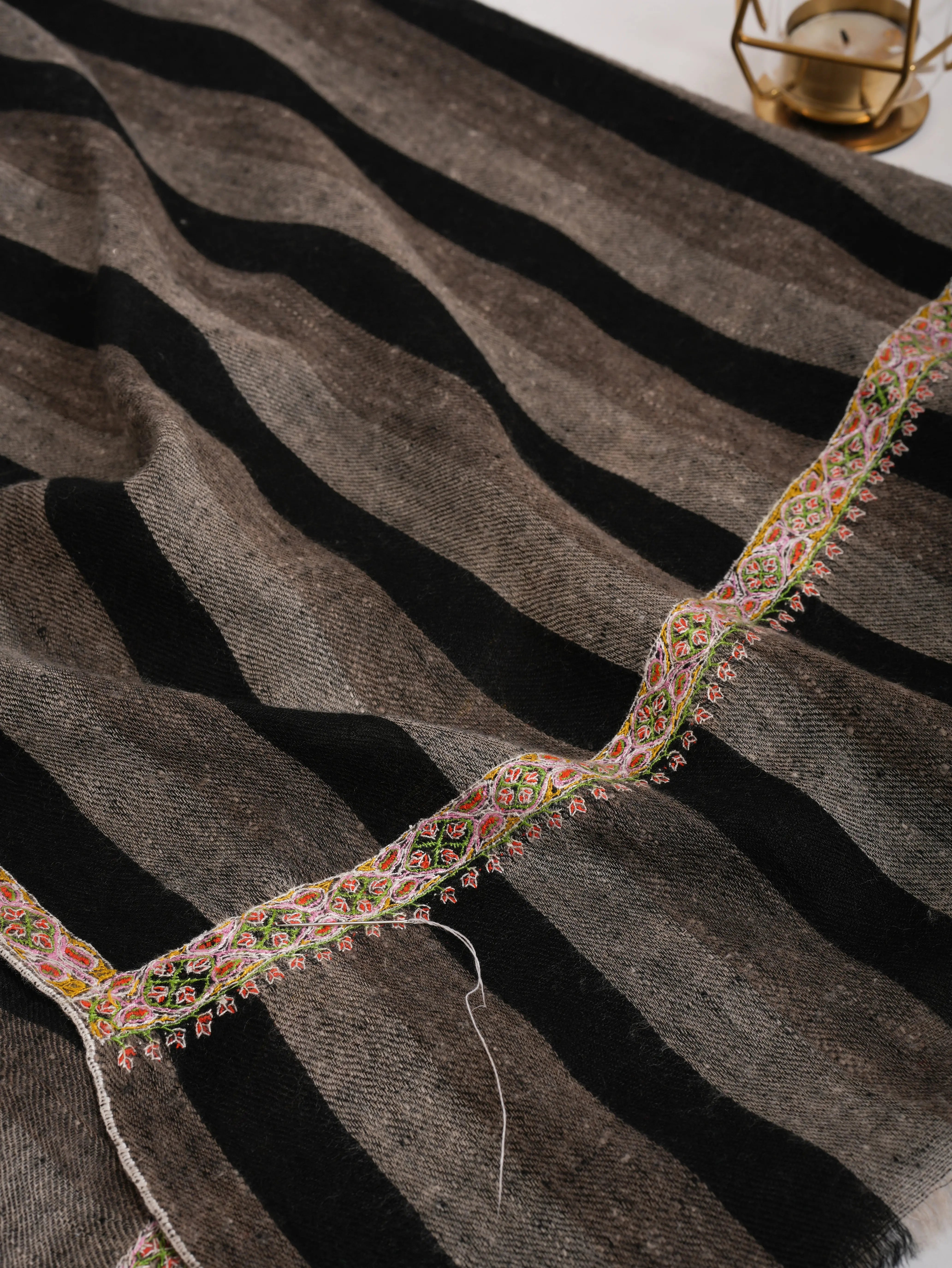 Hashia Embroidered Black and White Stripe Cashmere Stole Shahkaar