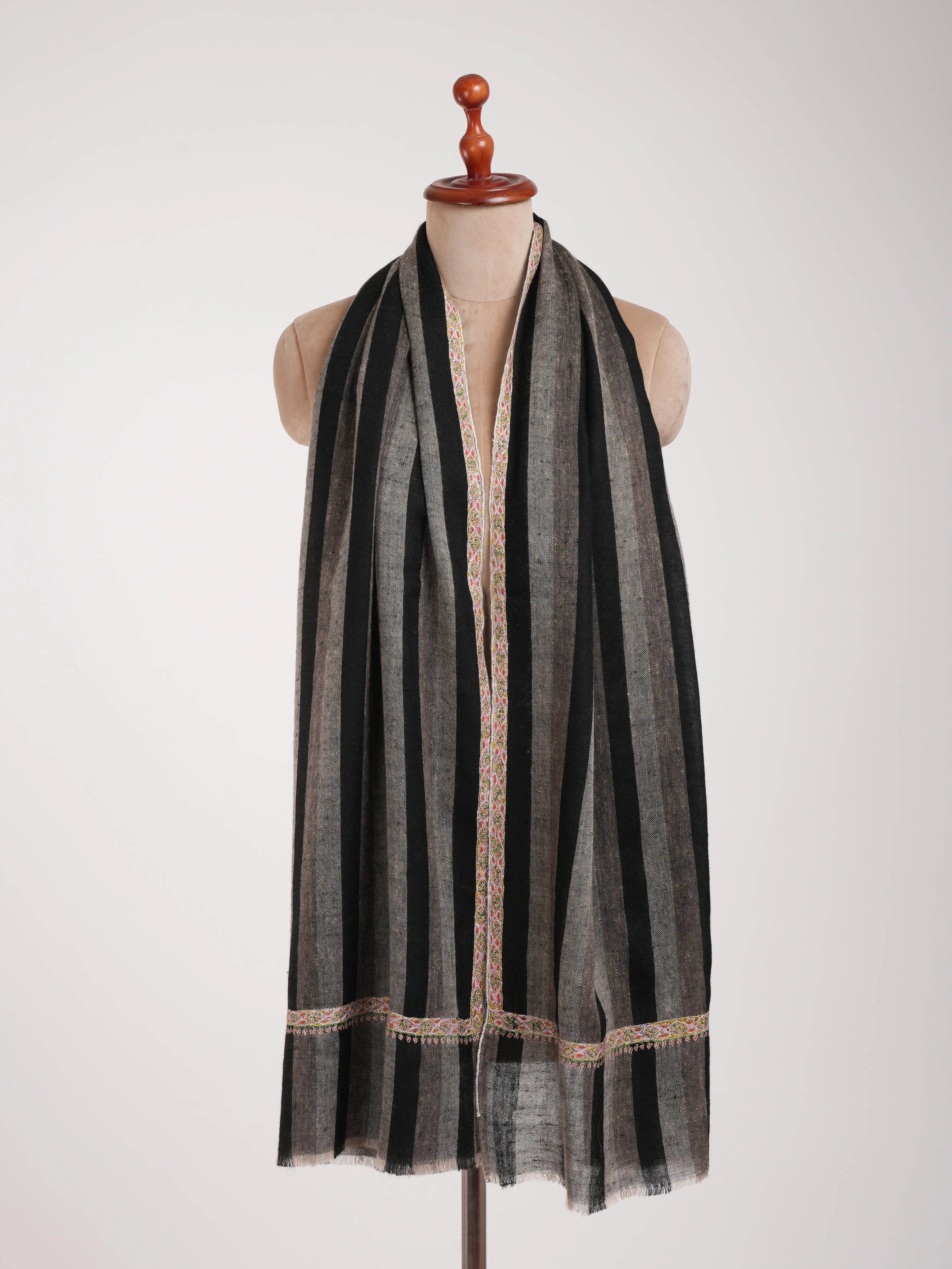 Hashia Embroidered Black and White Stripe Cashmere Stole Shahkaar