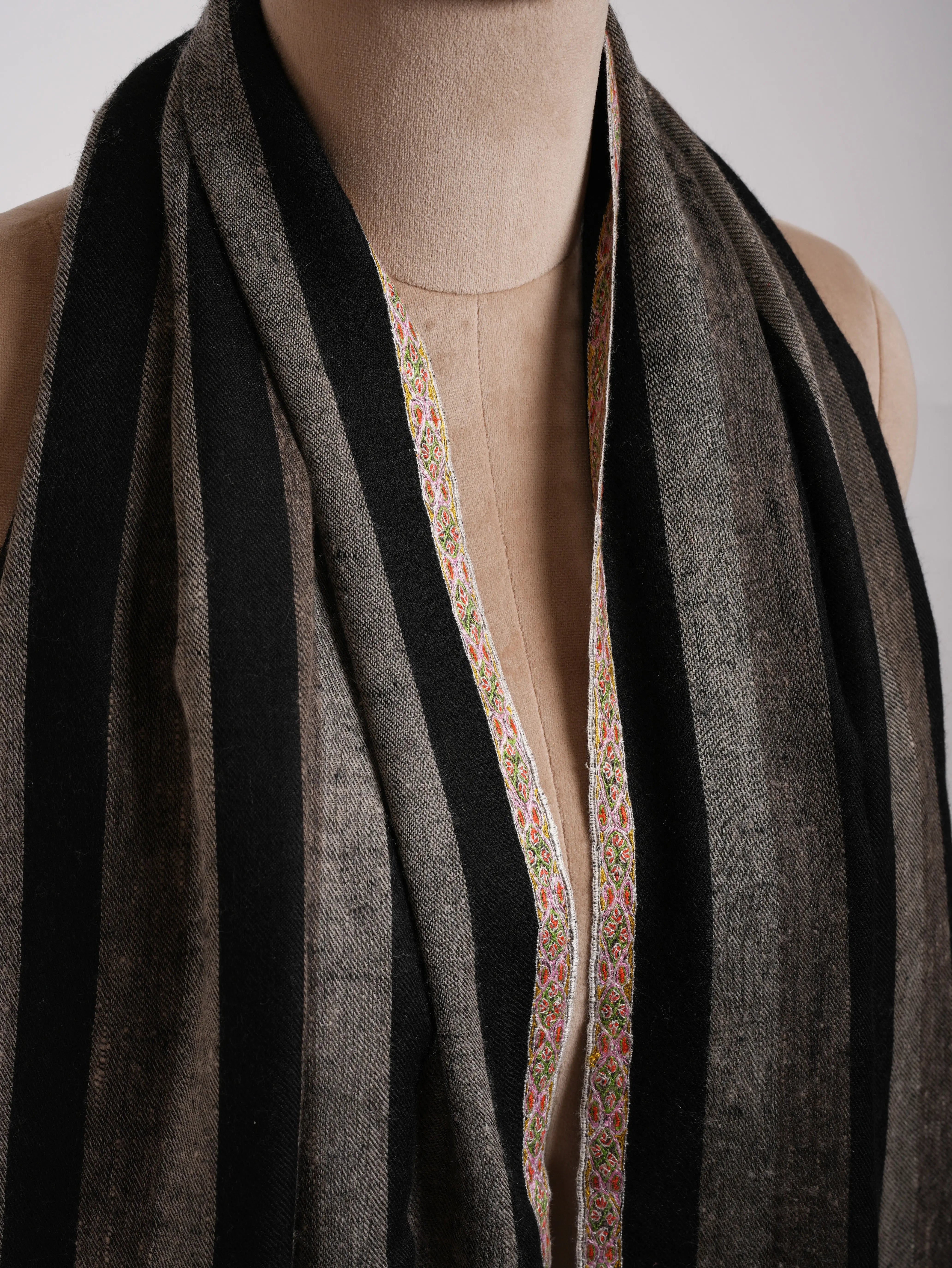 Hashia Embroidered Black and White Stripe Cashmere Stole Shahkaar