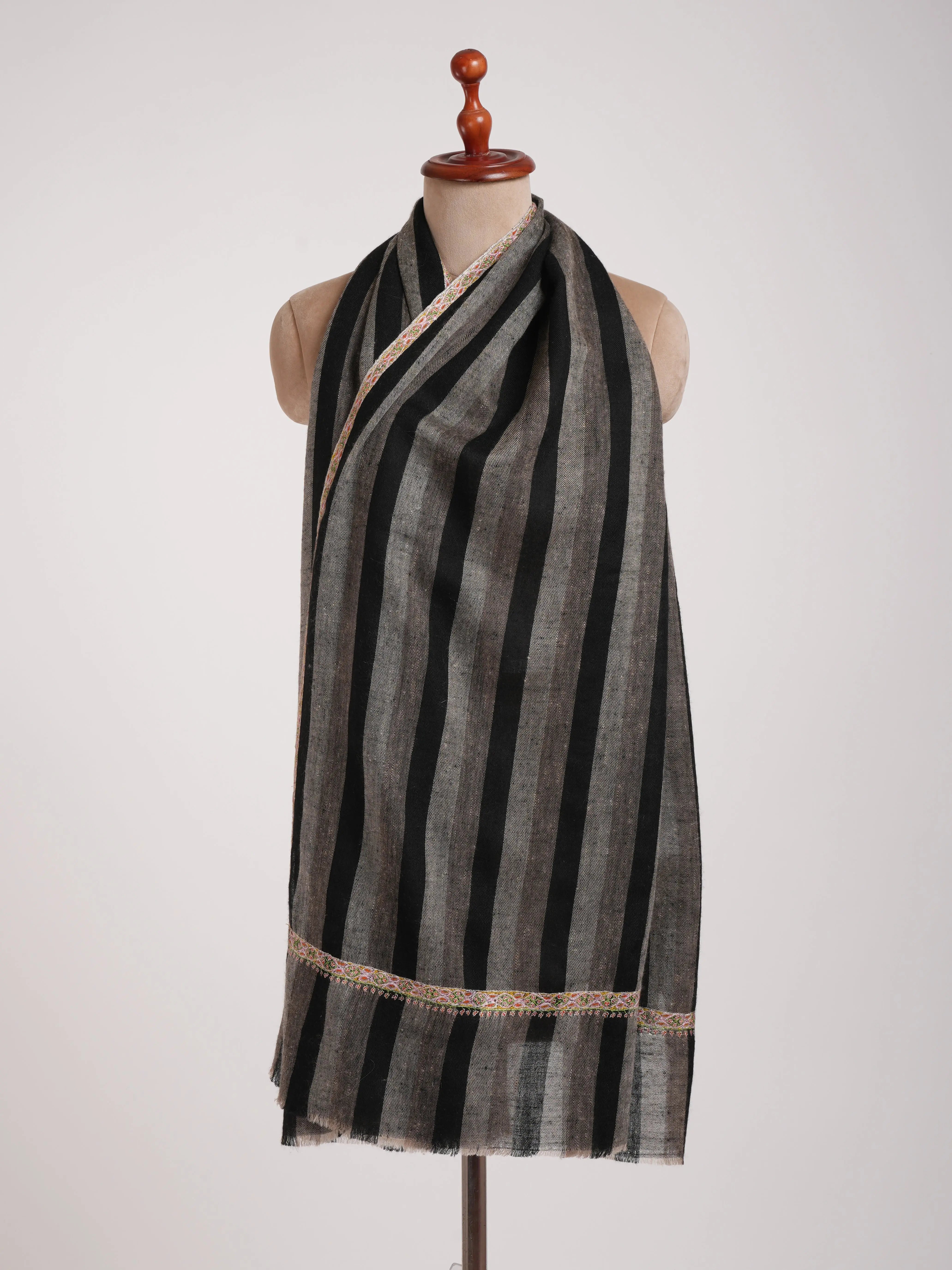 Hashia Embroidered Black and White Stripe Cashmere Stole Shahkaar
