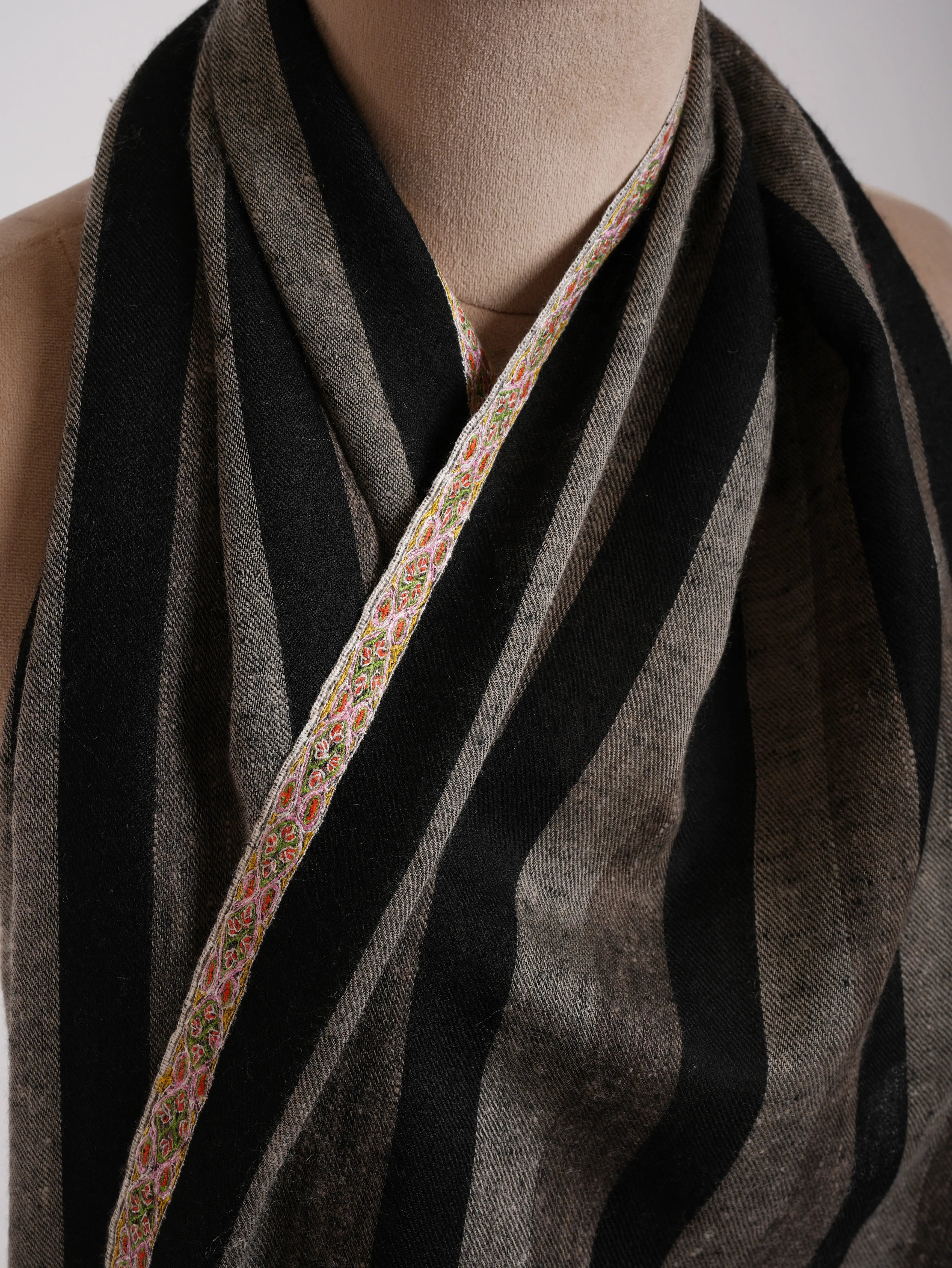 Hashia Embroidered Black and White Stripe Cashmere Stole Shahkaar