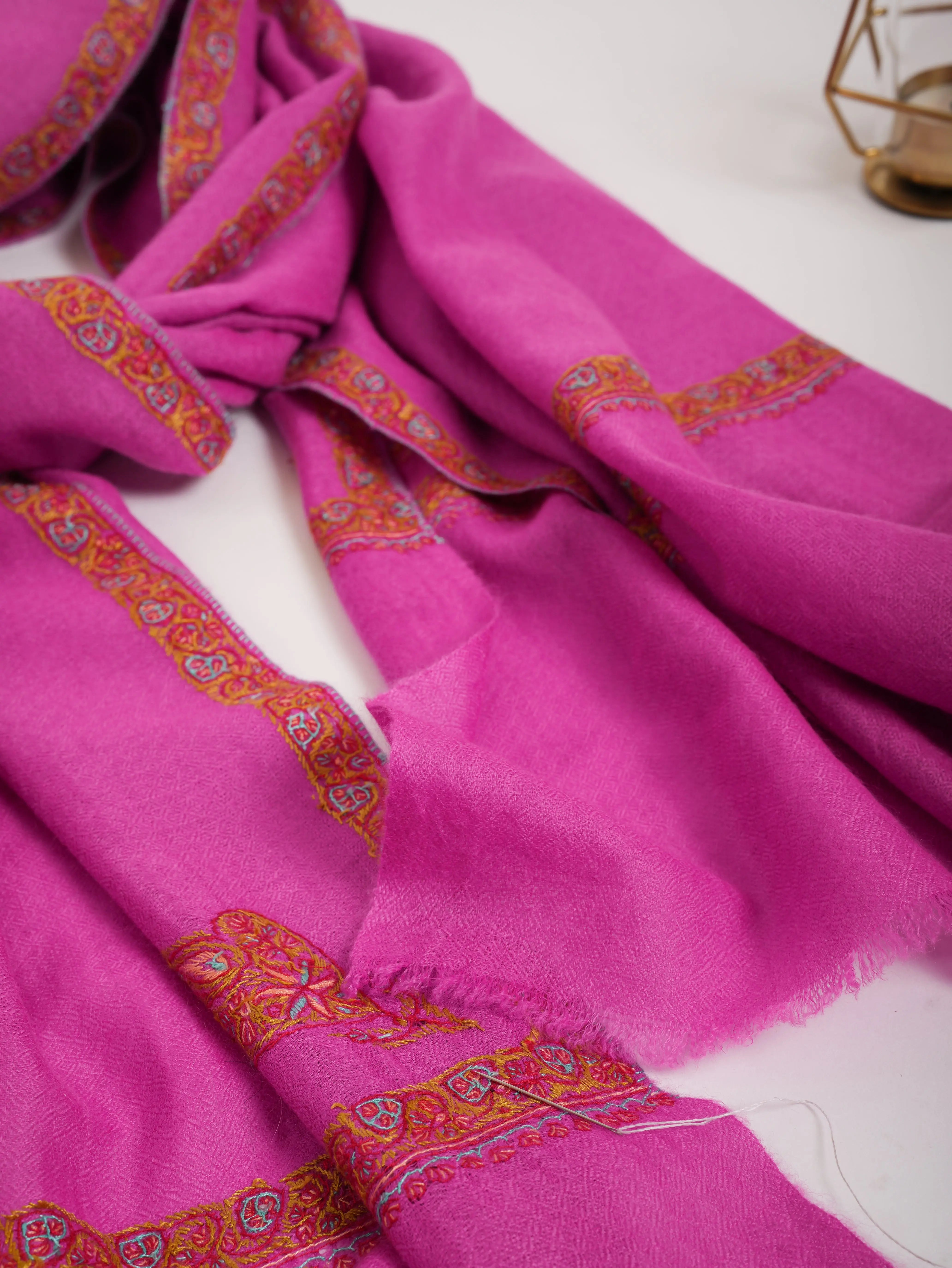 Hashia Embroidered Magenta Pink Indian Cashmere Scarf Shahkaar