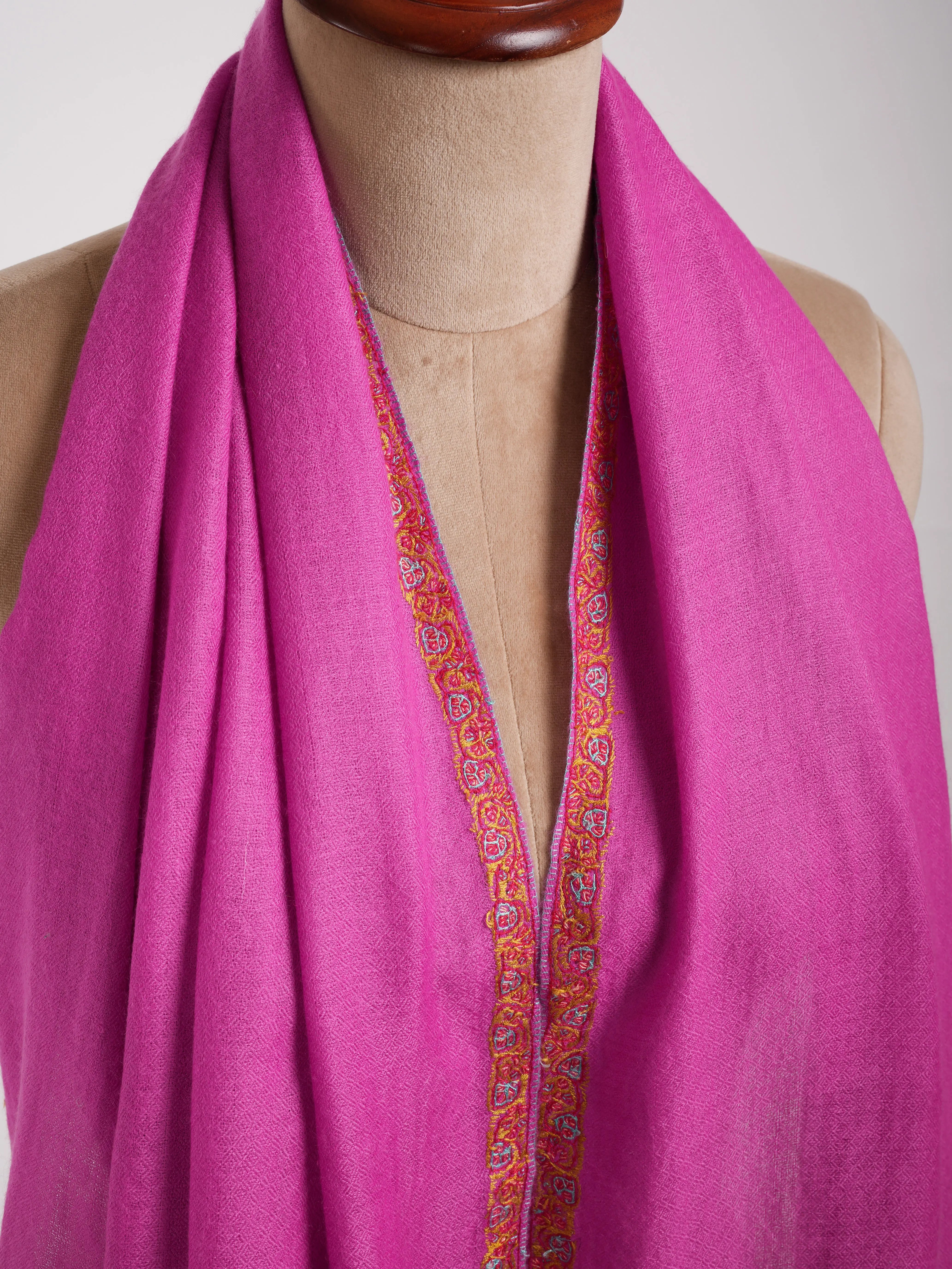 Hashia Embroidered Magenta Pink Indian Cashmere Scarf Shahkaar