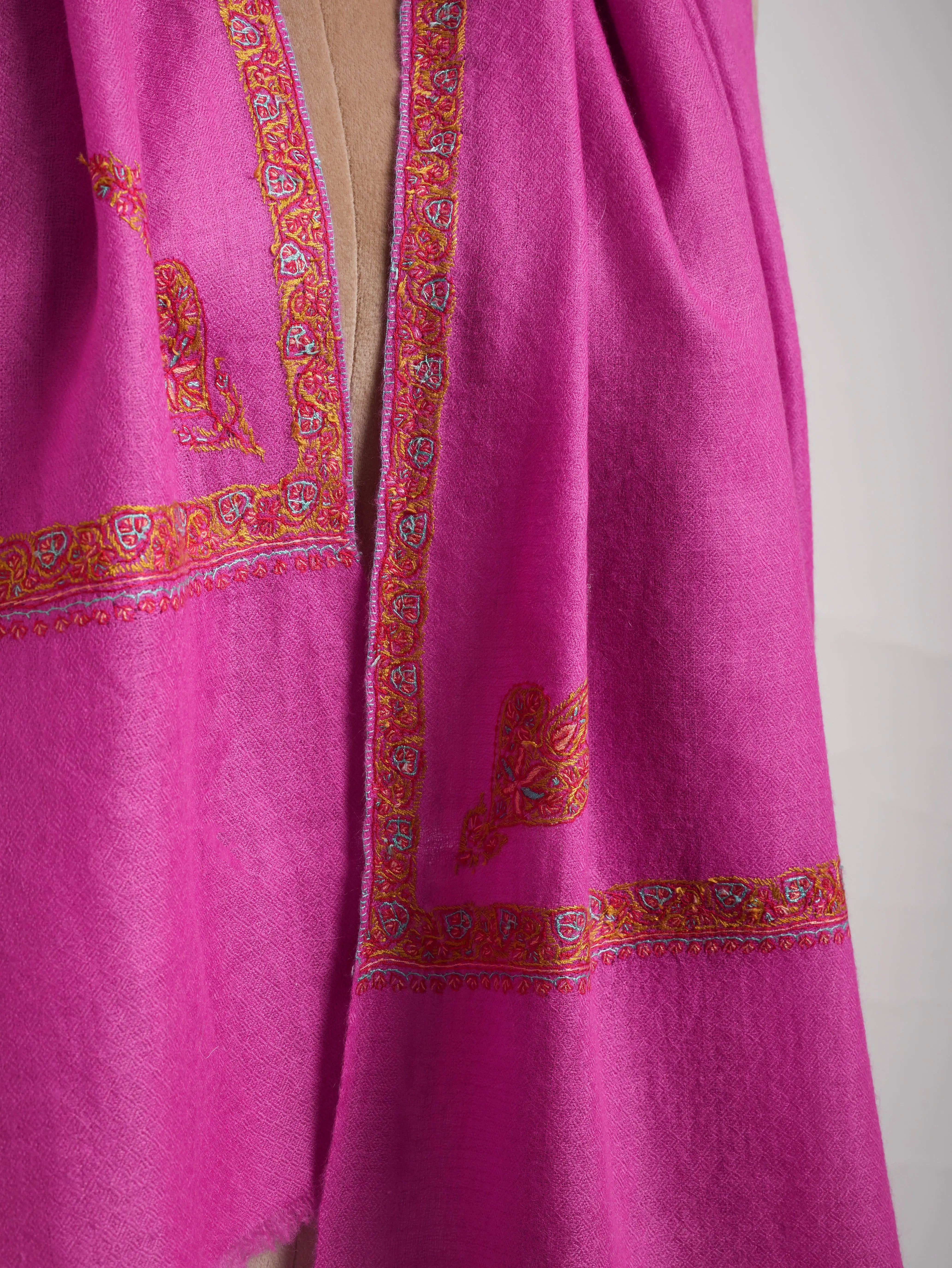 Hashia Embroidered Magenta Pink Indian Cashmere Scarf Shahkaar