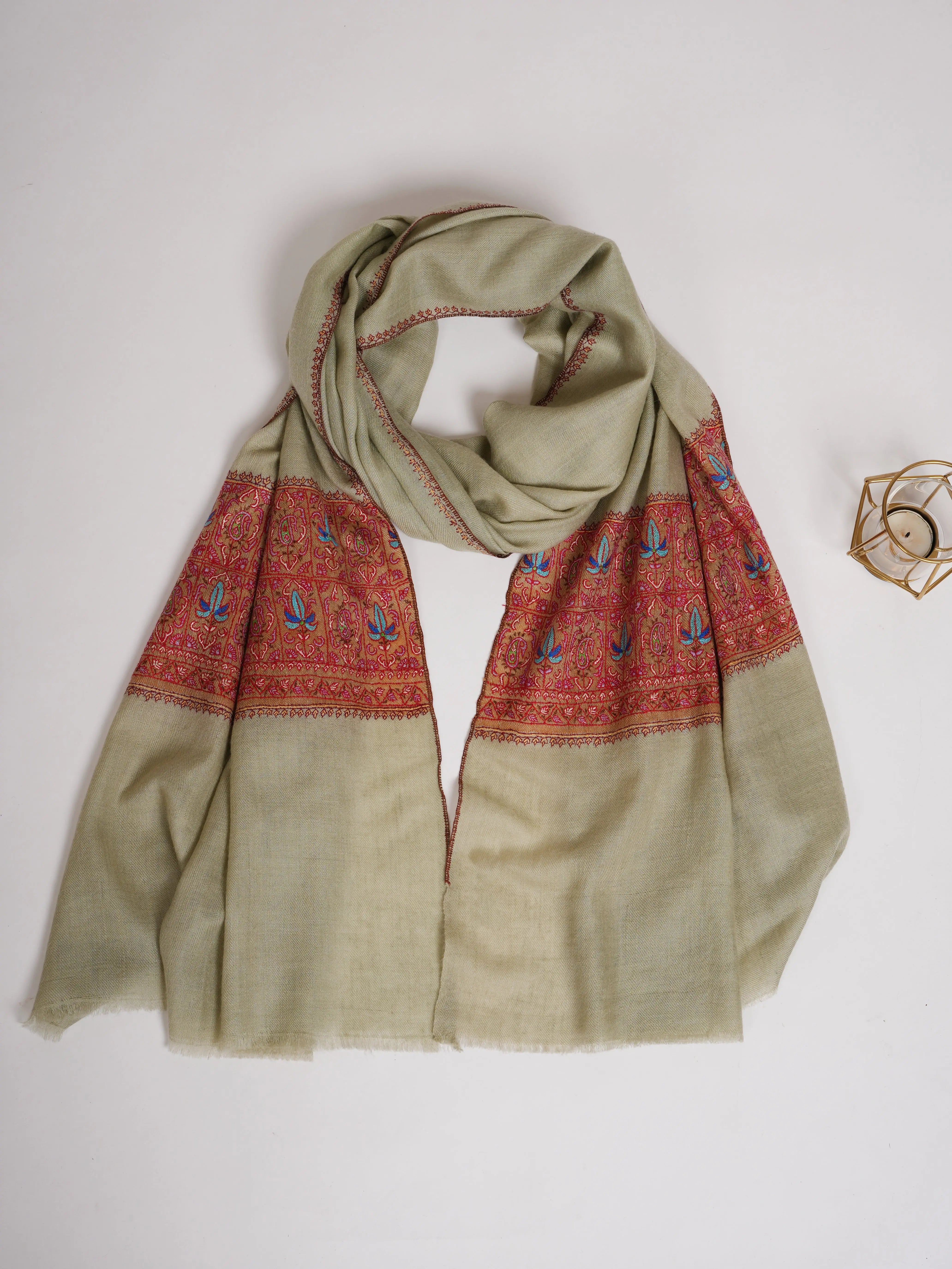 Ice Green Cashmere Scarf With Contrasting Border Shahkaar