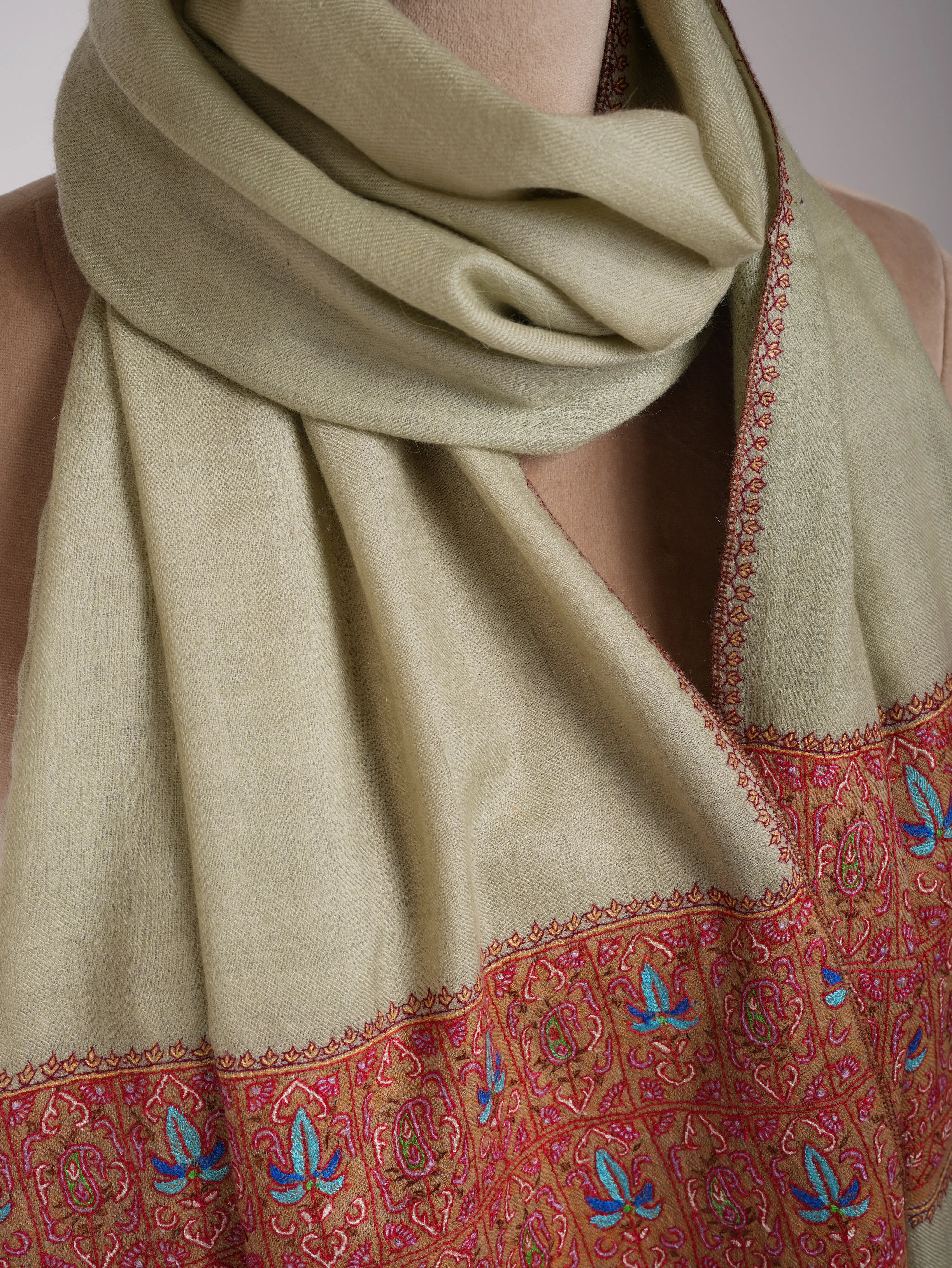 Ice Green Cashmere Scarf With Contrasting Border Shahkaar