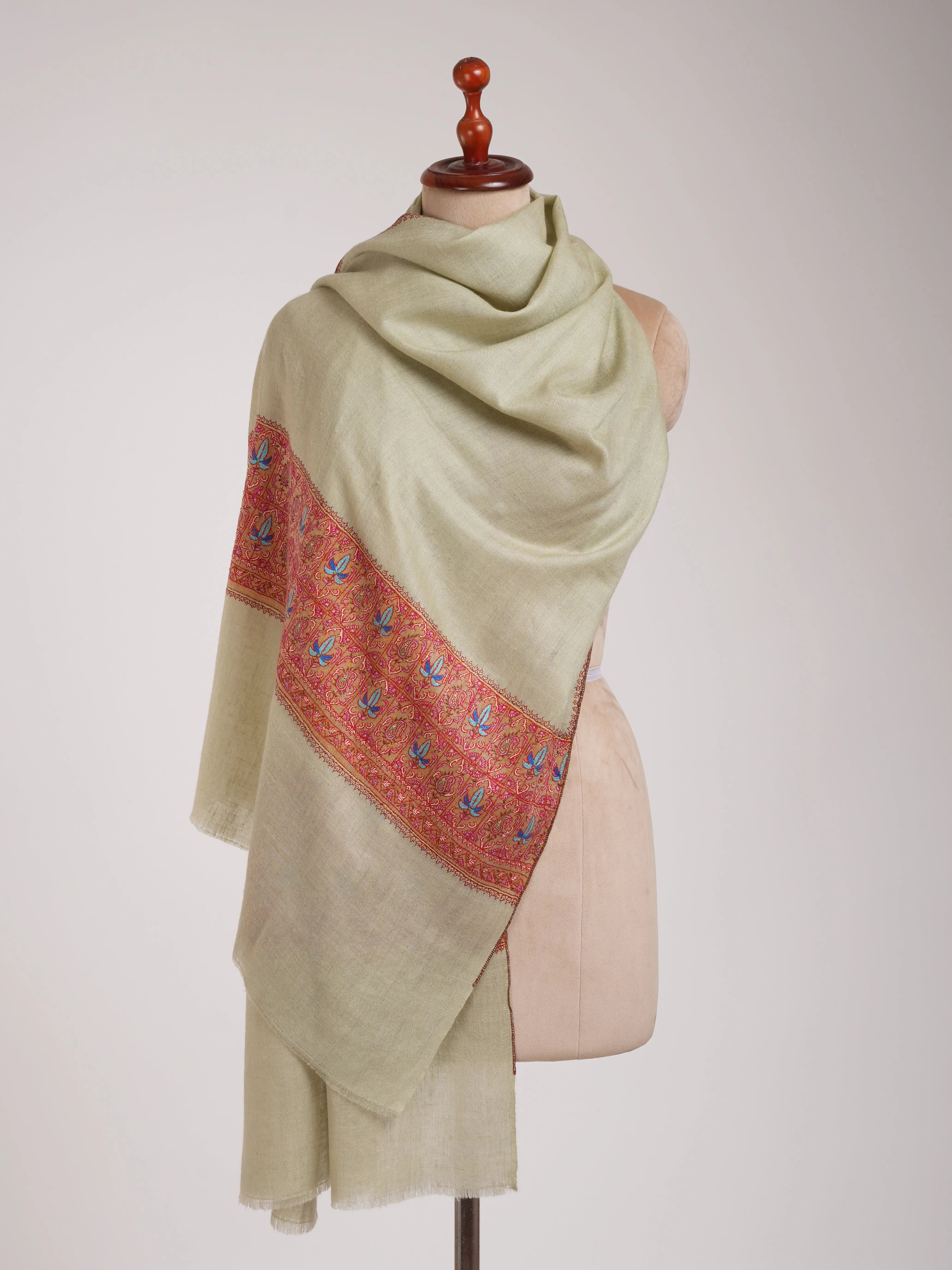 Ice Green Cashmere Scarf With Contrasting Border Shahkaar