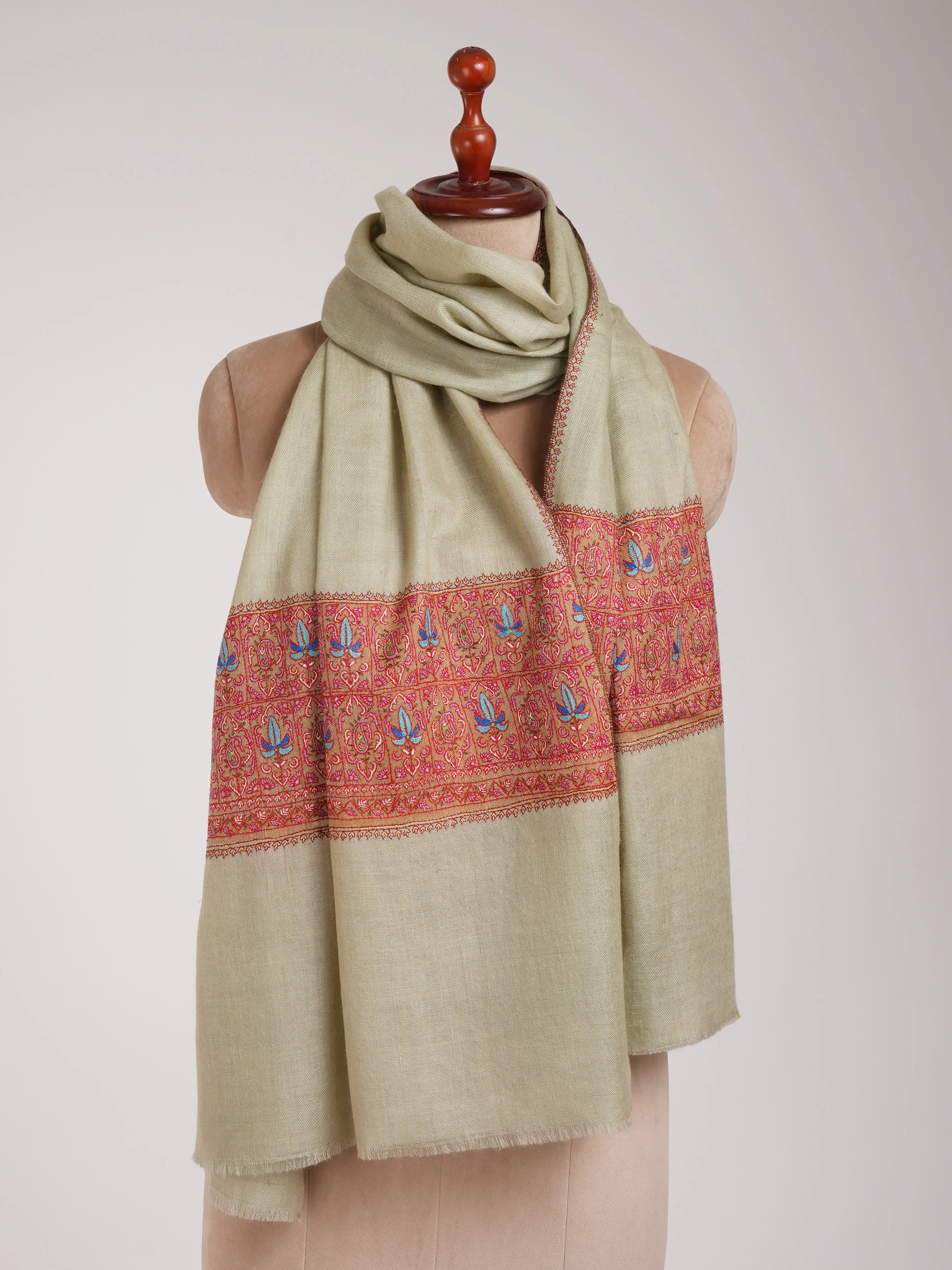 Ice Green Cashmere Scarf With Contrasting Border Shahkaar