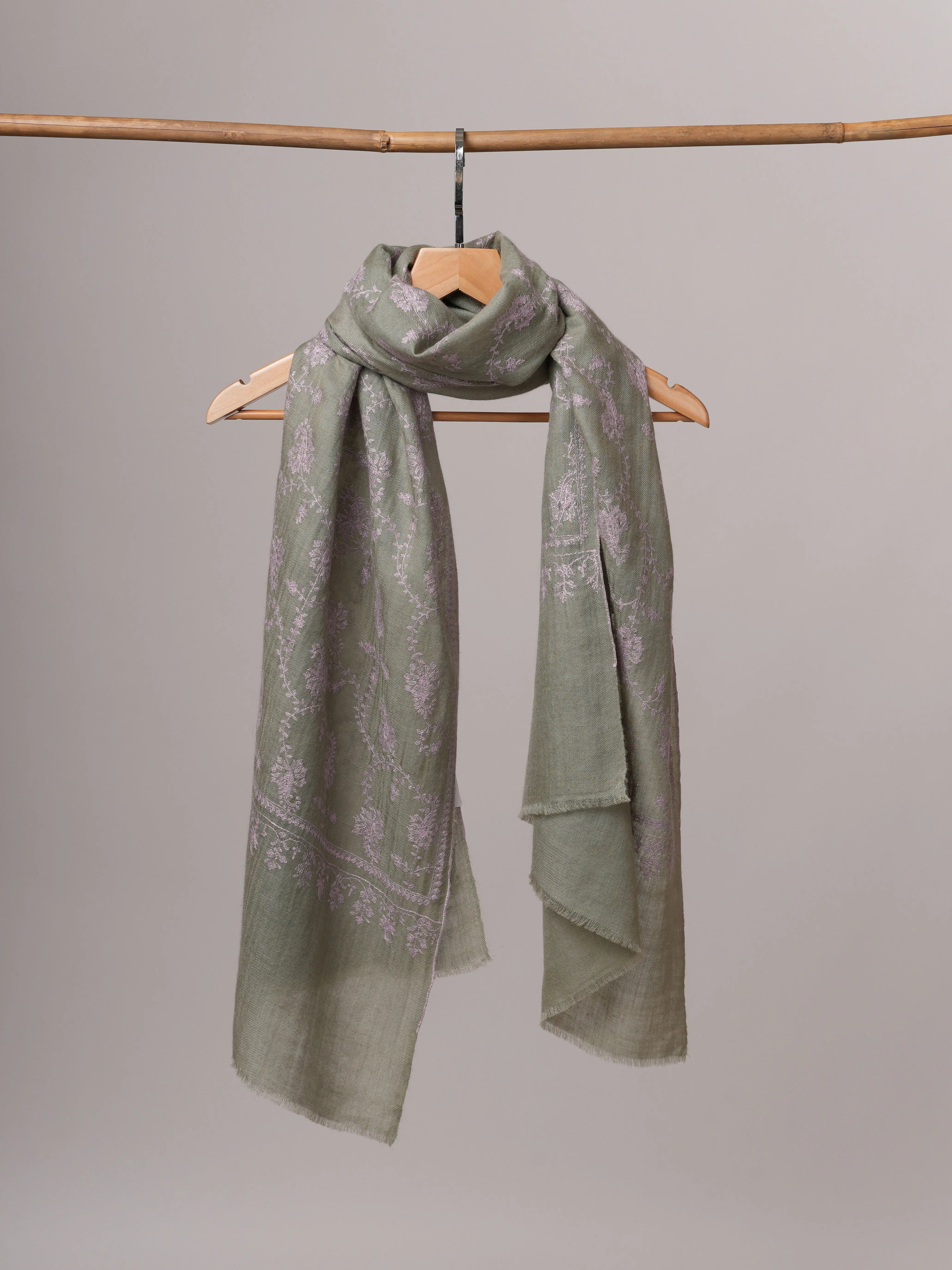 Ice Green Hand Embroidered Cashmere Scarf with Classic Kashmiri Motif Shahkaar