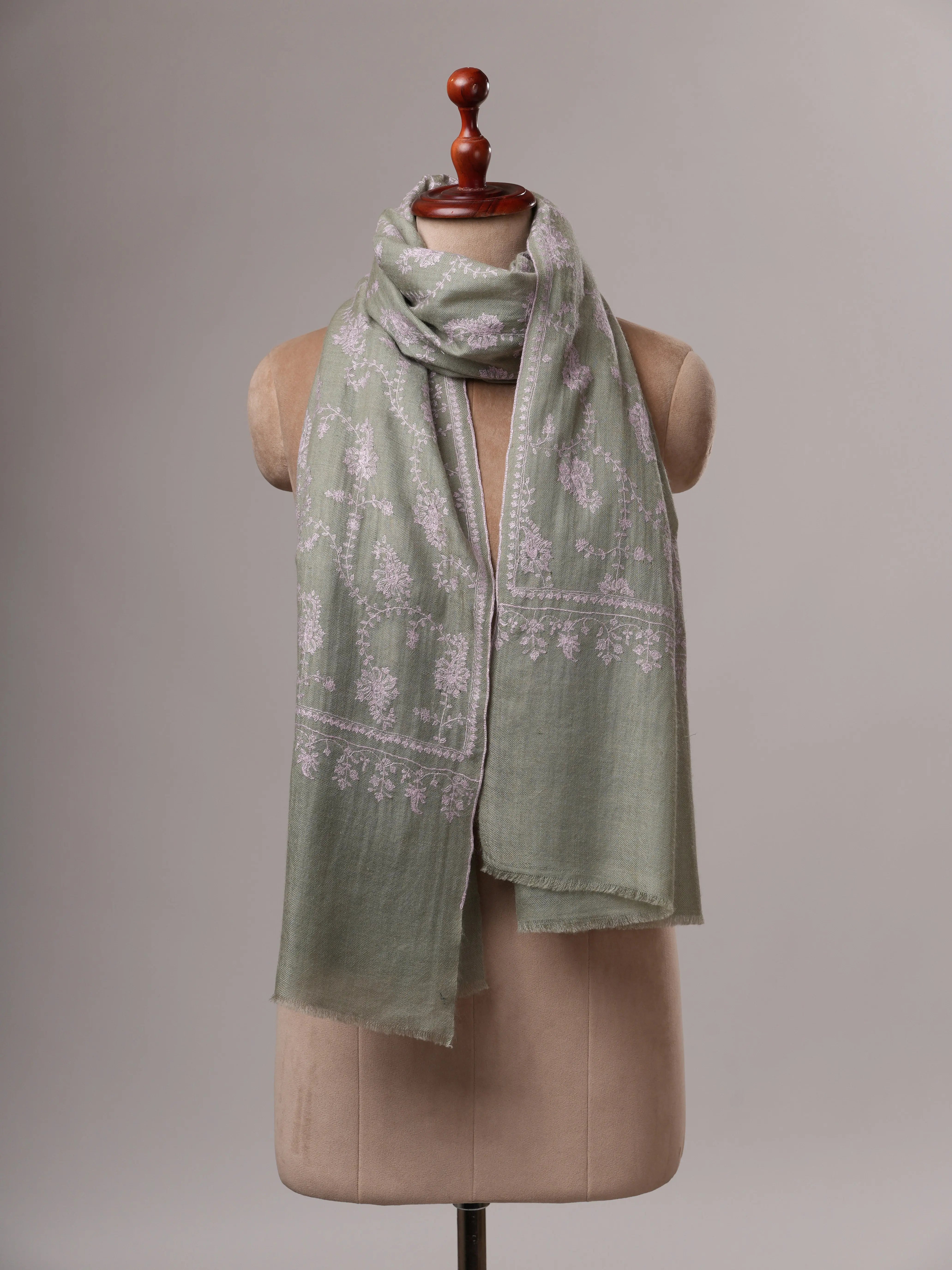 Ice Green Hand Embroidered Cashmere Scarf with Classic Kashmiri Motif Shahkaar
