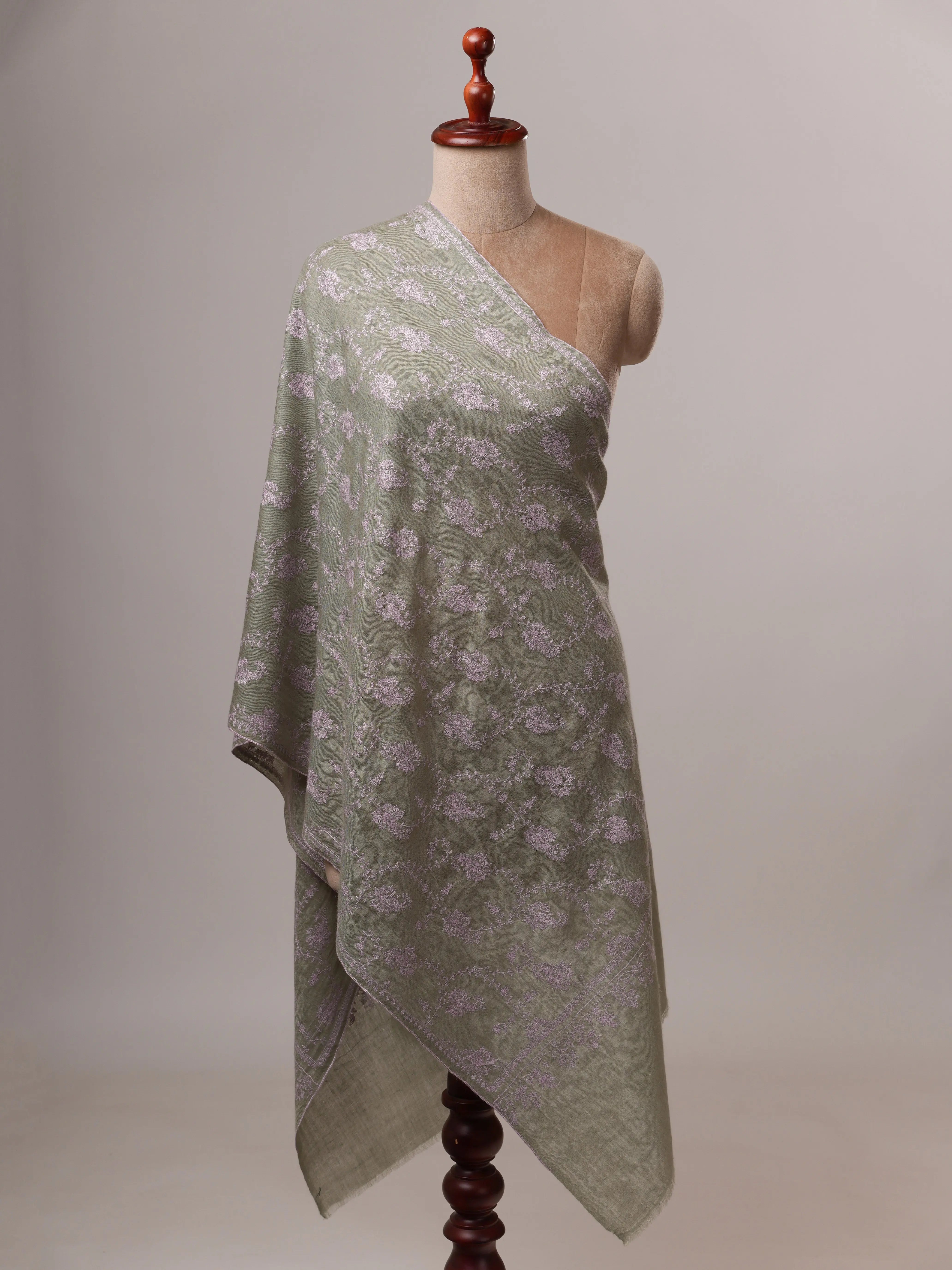 Ice Green Hand Embroidered Cashmere Scarf with Classic Kashmiri Motif Shahkaar