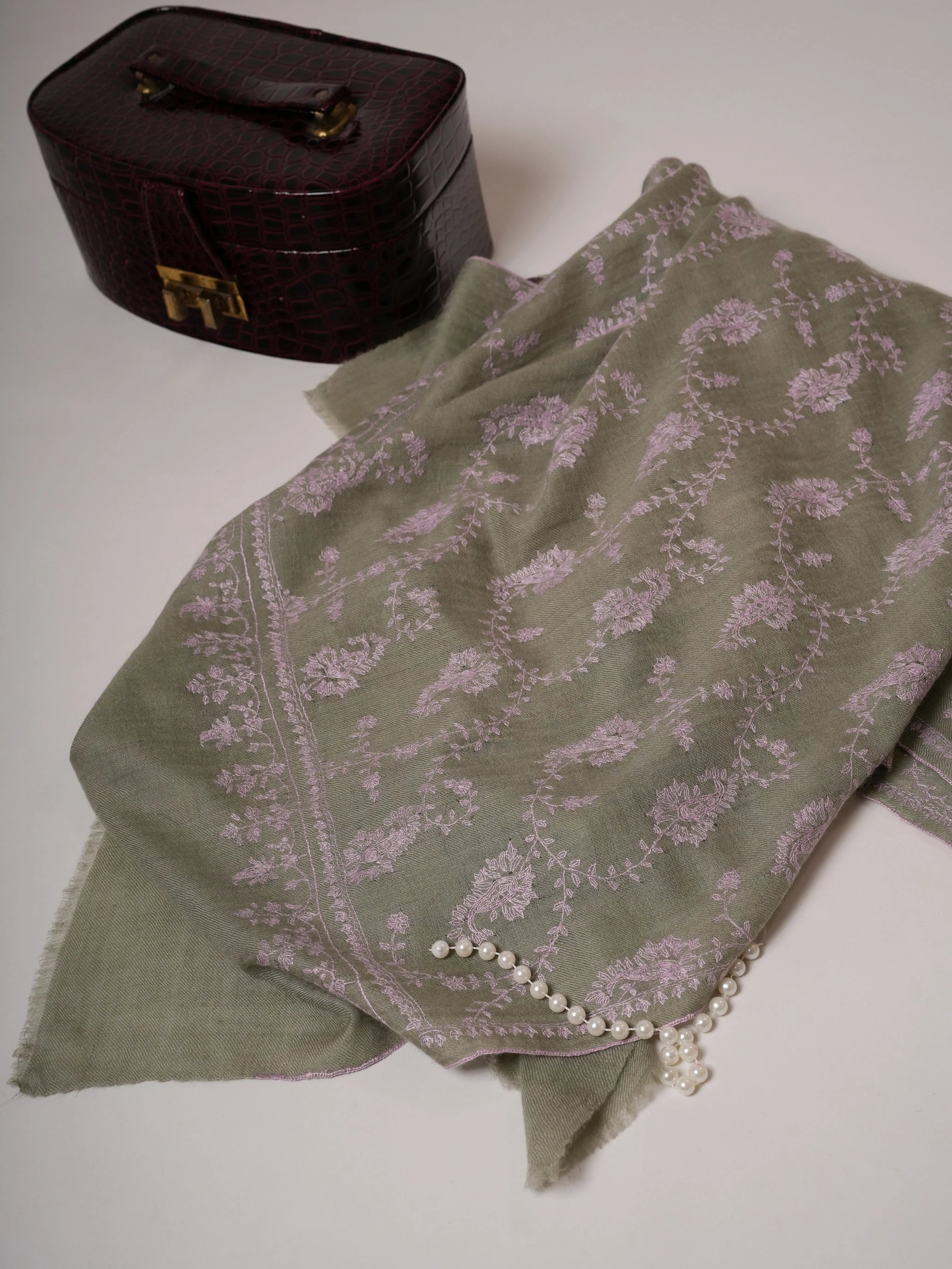 Ice Green Hand Embroidered Cashmere Scarf with Classic Kashmiri Motif Shahkaar