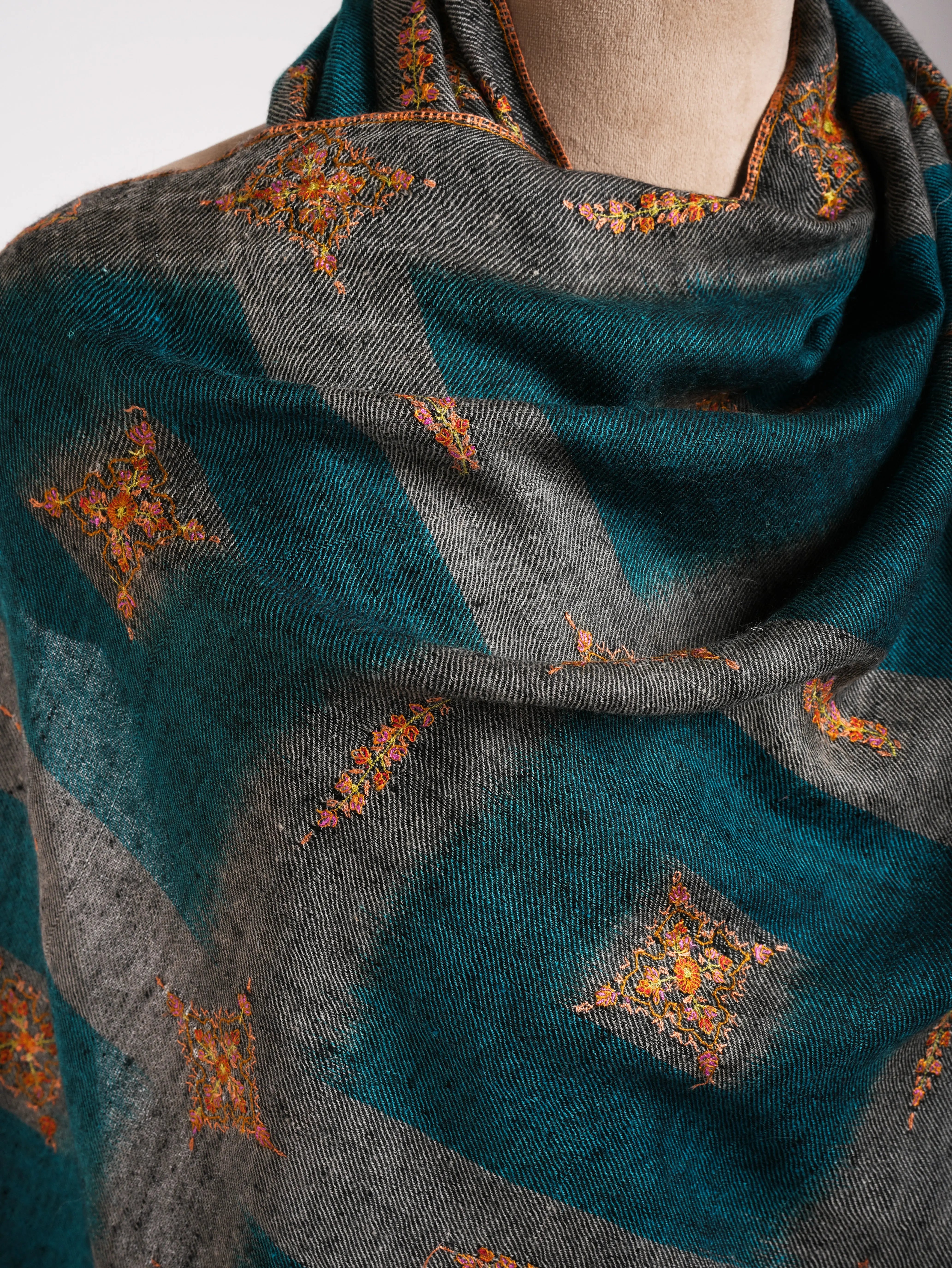 Ikat Handwoven Kashmiri Cashmere Scarf with Hand Embroidery Shahkaar