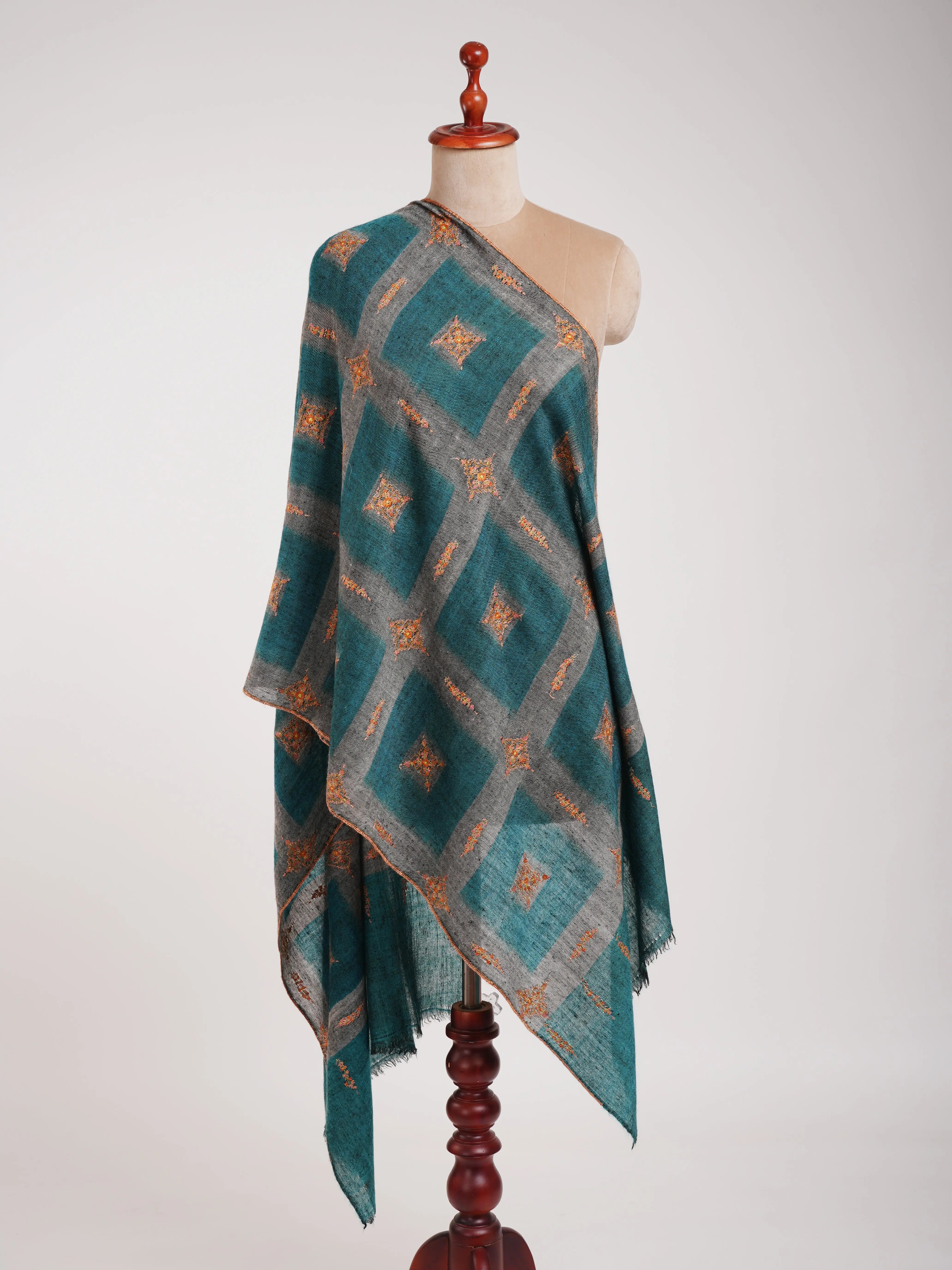 Ikat Handwoven Kashmiri Cashmere Scarf with Hand Embroidery Shahkaar