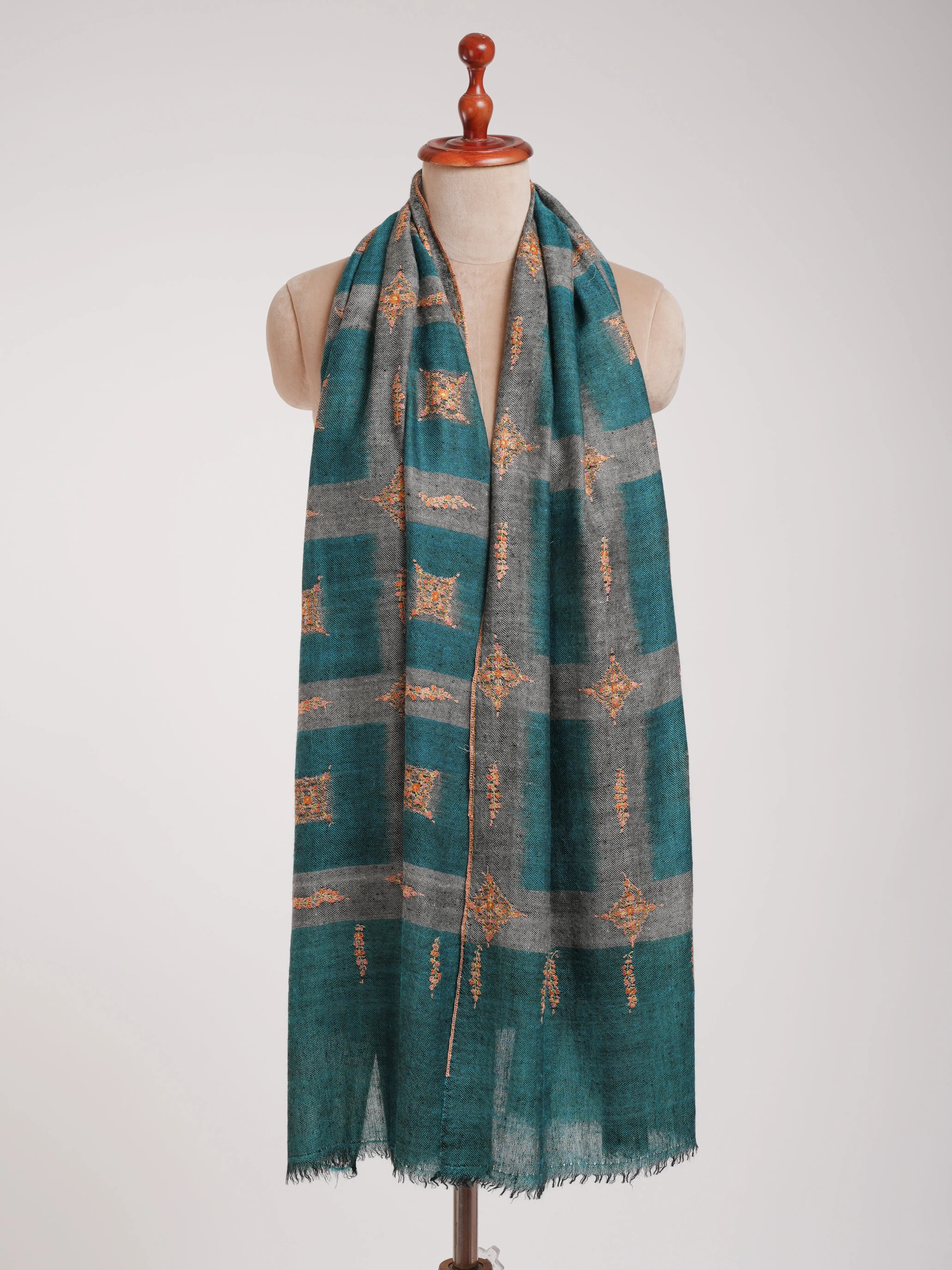Ikat Handwoven Kashmiri Cashmere Scarf with Hand Embroidery Shahkaar