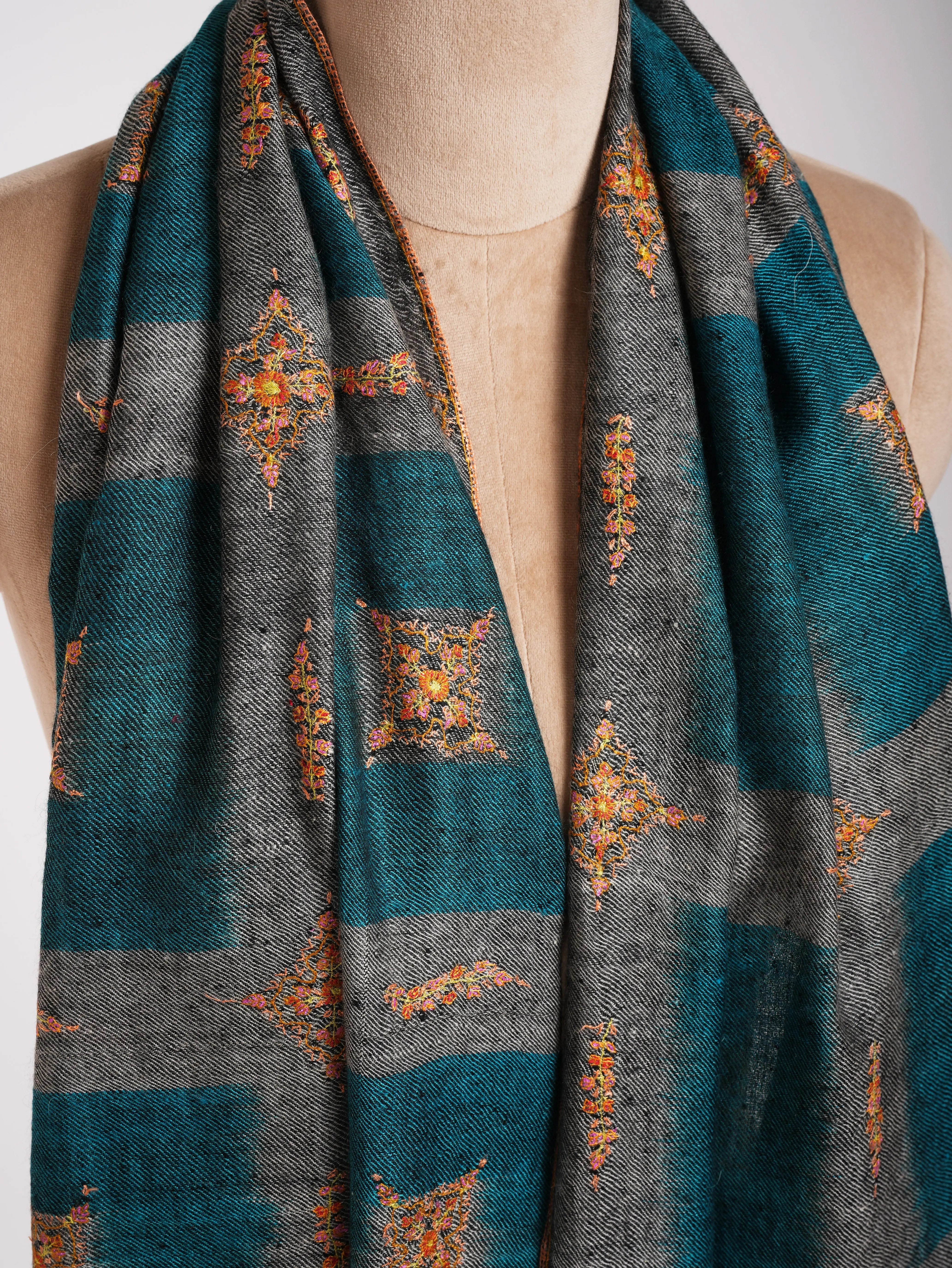 Ikat Handwoven Kashmiri Cashmere Scarf with Hand Embroidery Shahkaar
