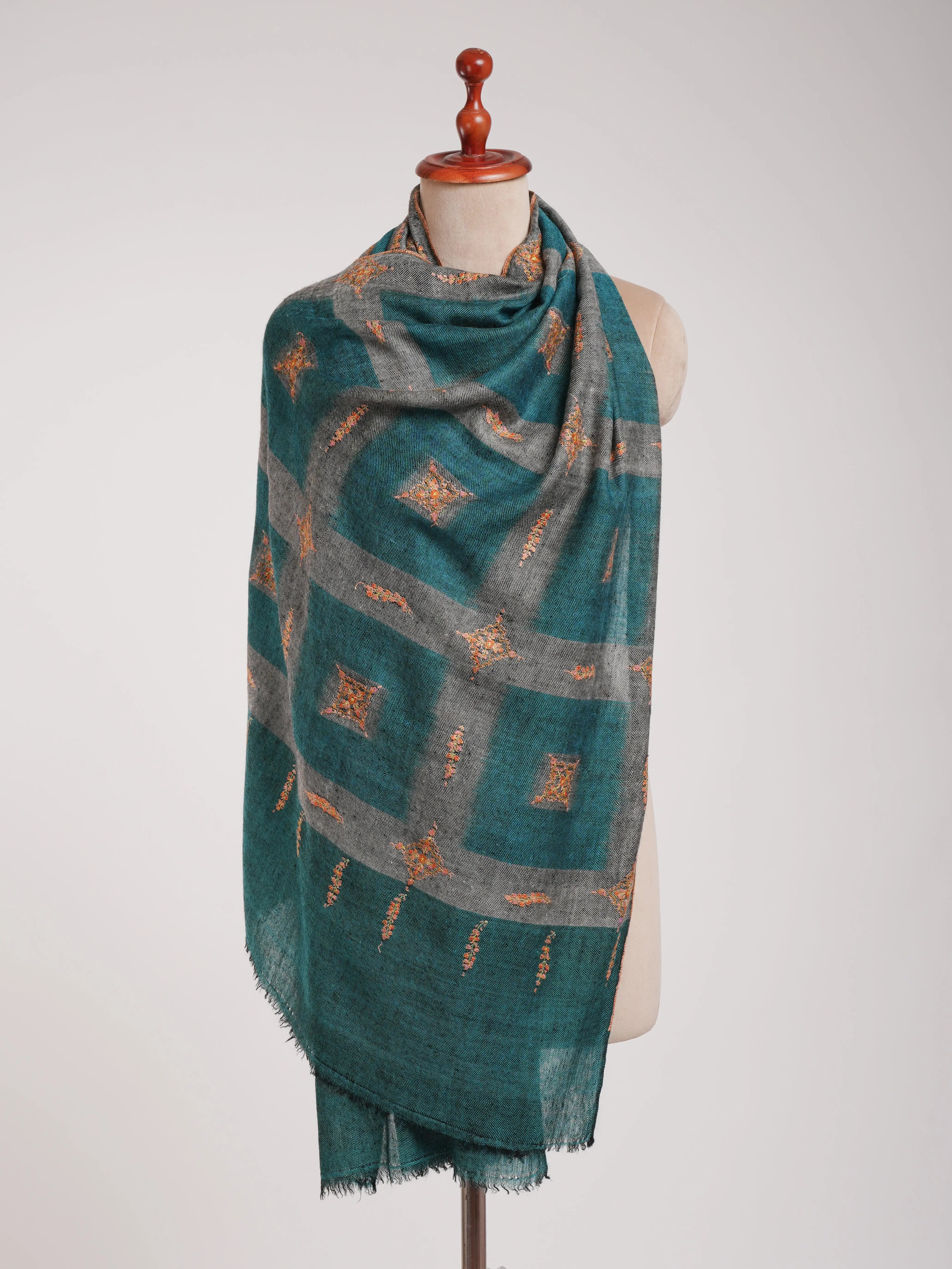Ikat Handwoven Kashmiri Cashmere Scarf with Hand Embroidery Shahkaar