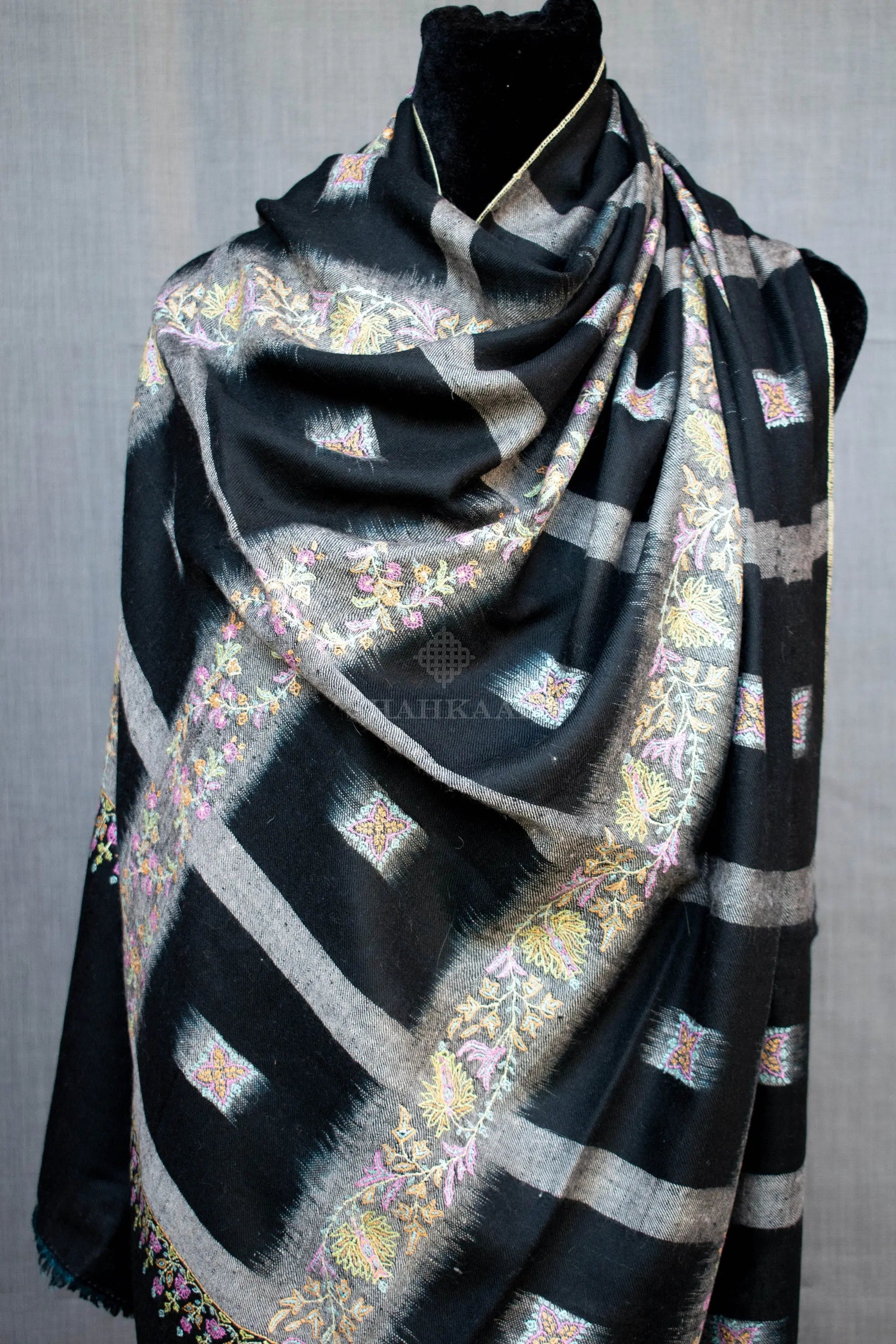 Ikat Weave Black Sozni Pure Pashmina/Cashmere Shawl/Wrap, Handwoven on Hand loom & Hand Embroided in Kashmir Shahkaar