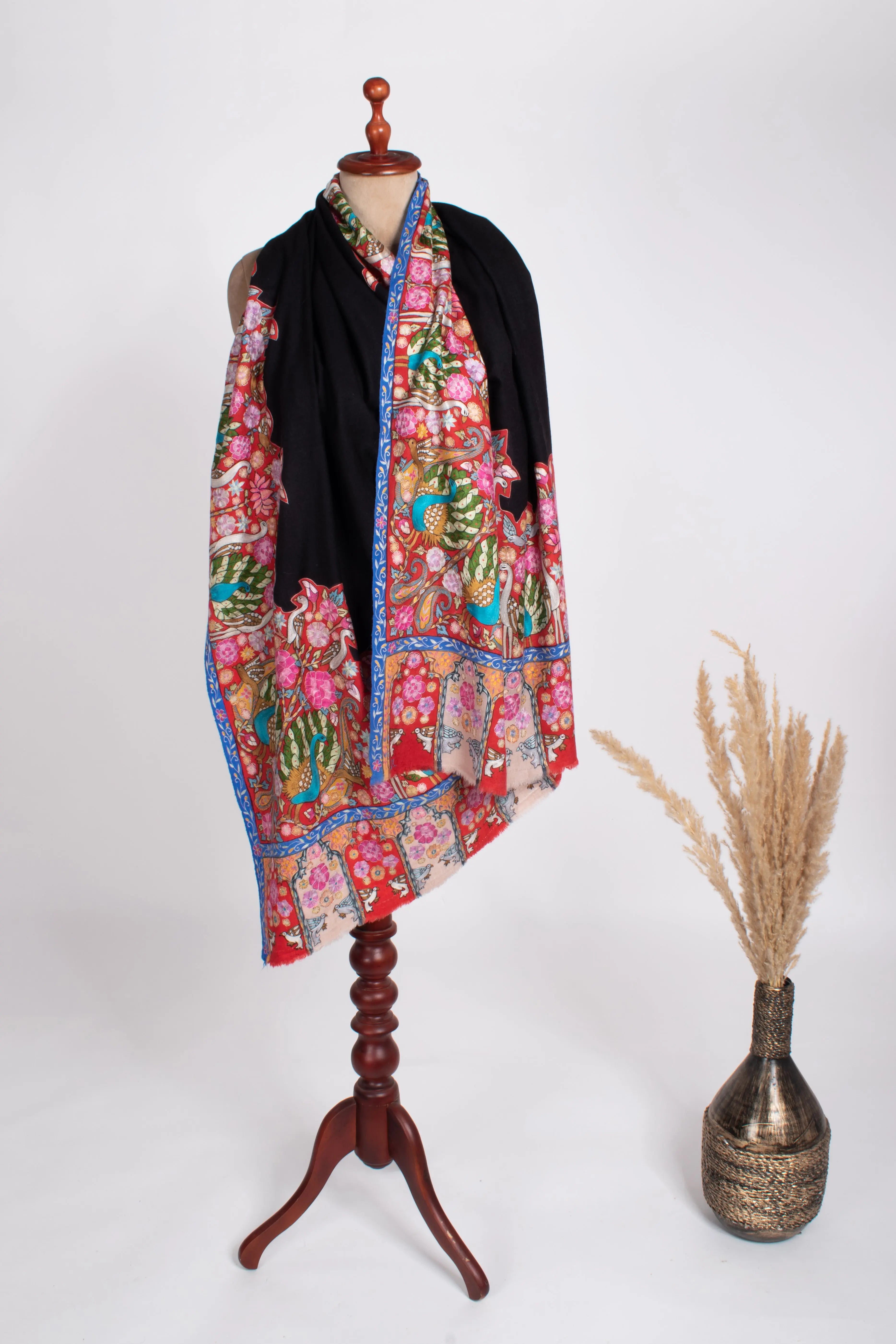 Indian Bridal Kalamkari Embroidered Pashmina Shawl Shahkaar