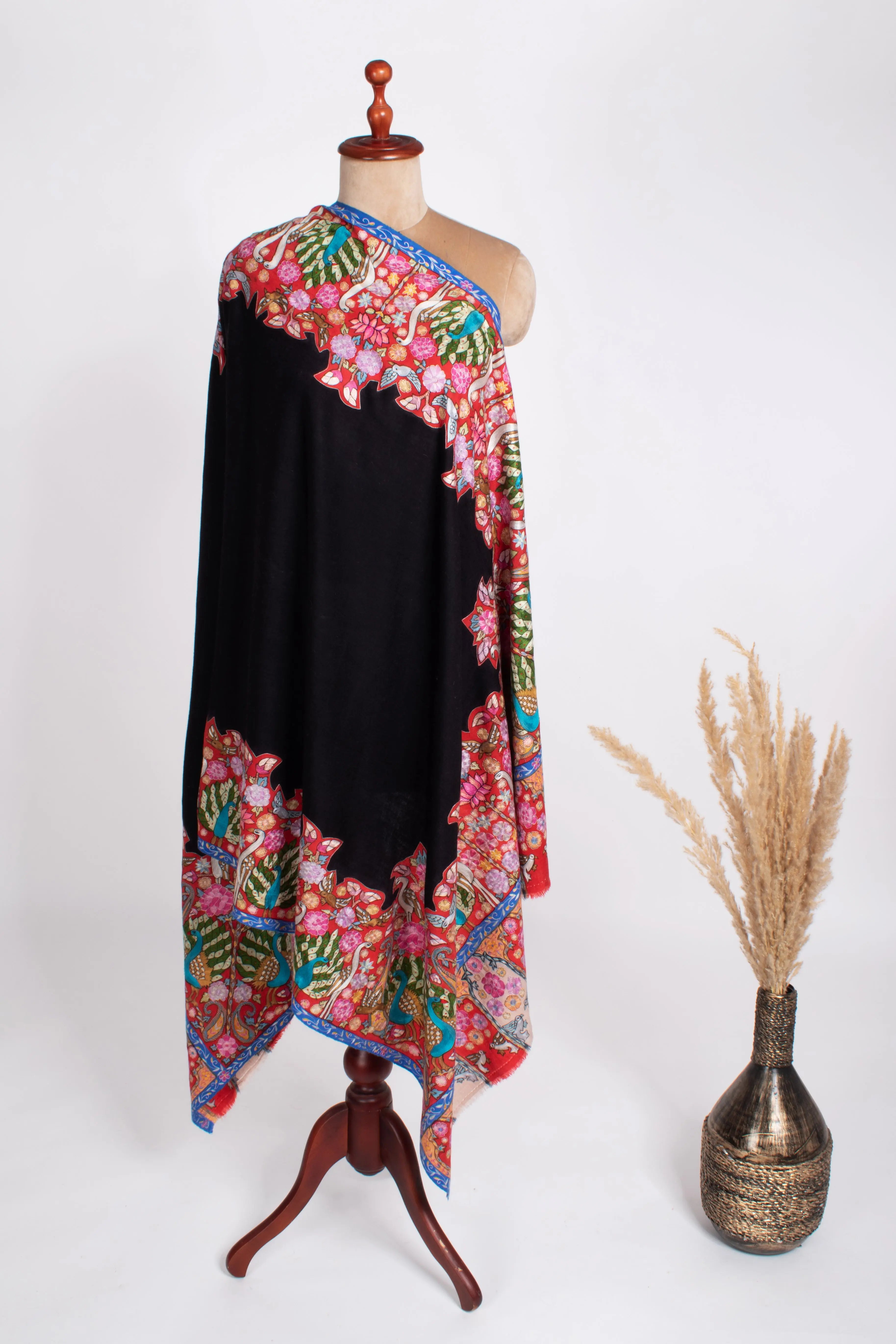 Indian Bridal Kalamkari Embroidered Pashmina Shawl Shahkaar