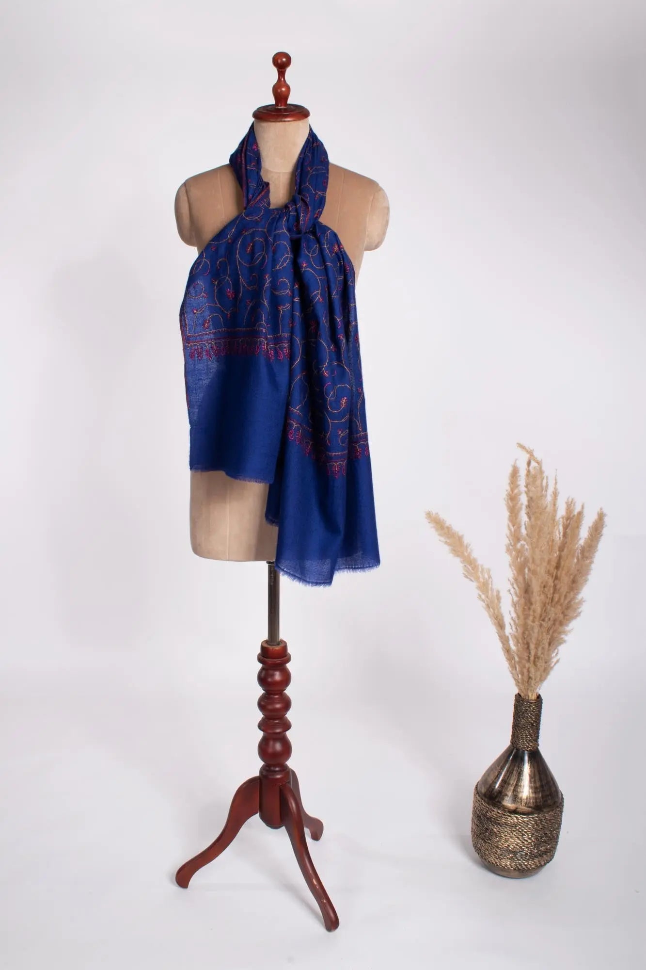 Indigo Embroidered Cashmere Handloomed Scarf - USK Shahkaar