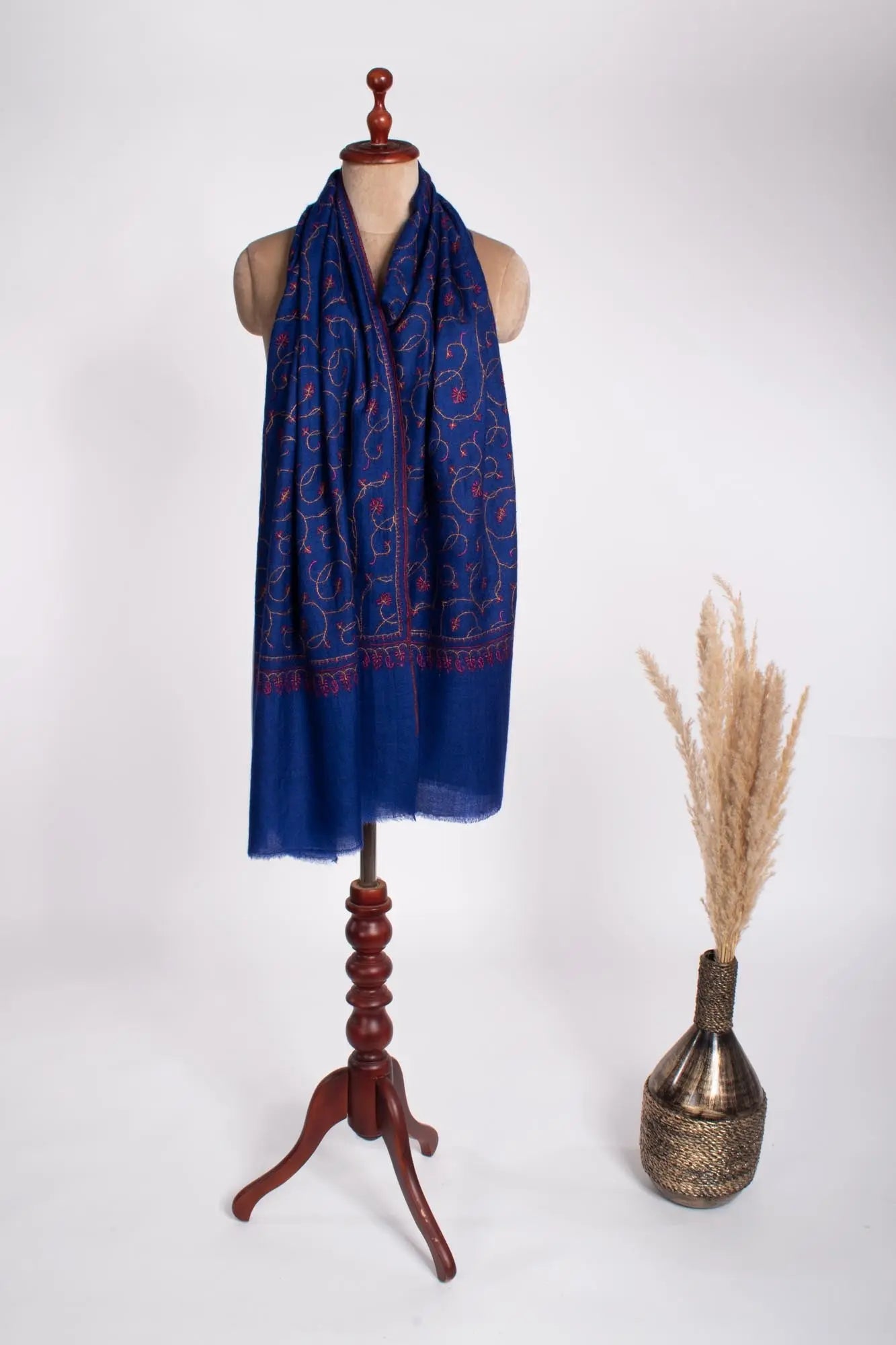 Indigo Embroidered Cashmere Handloomed Scarf - USK Shahkaar