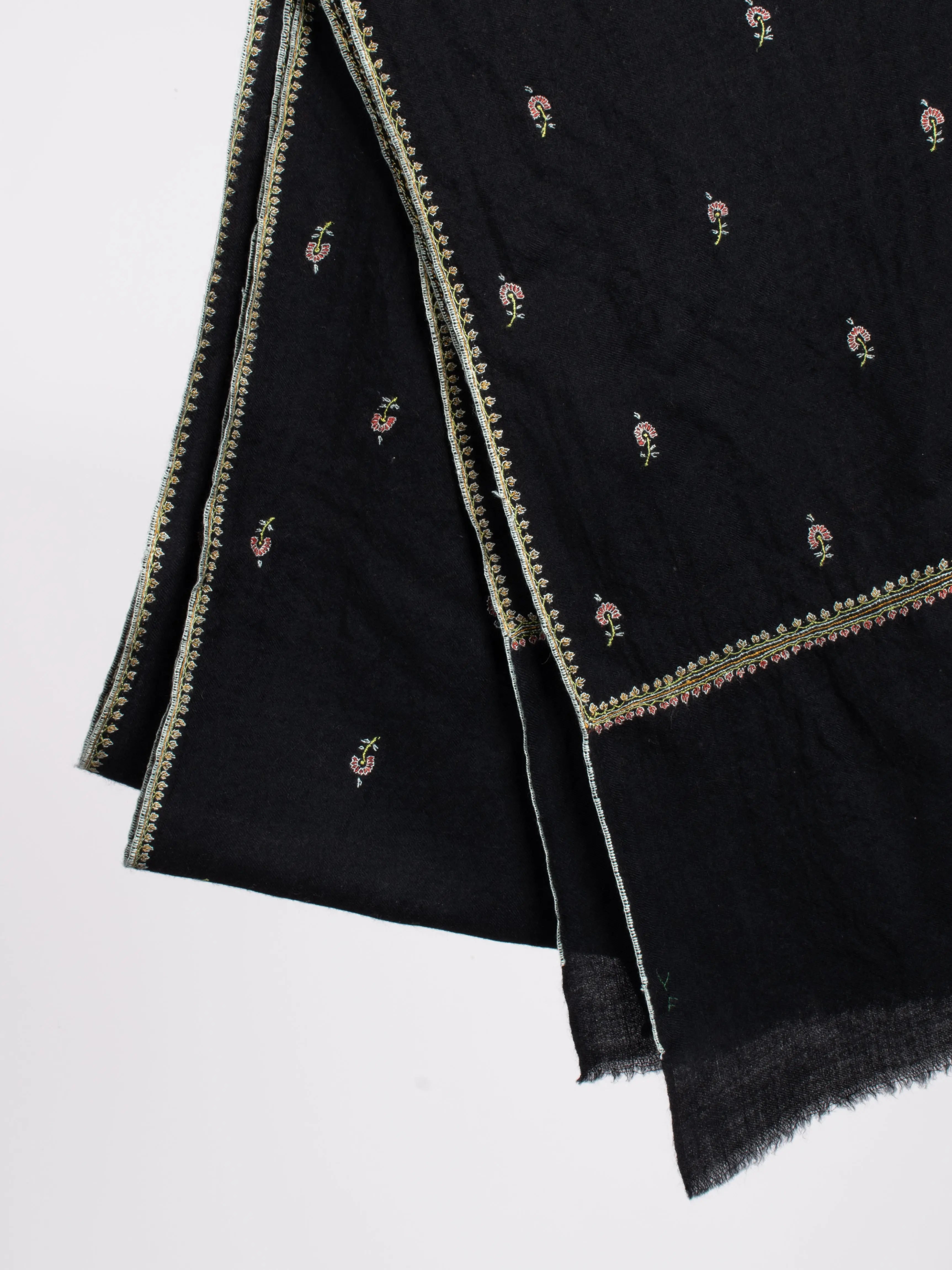Ink Black Floral Cashmere Scarf Shahkaar