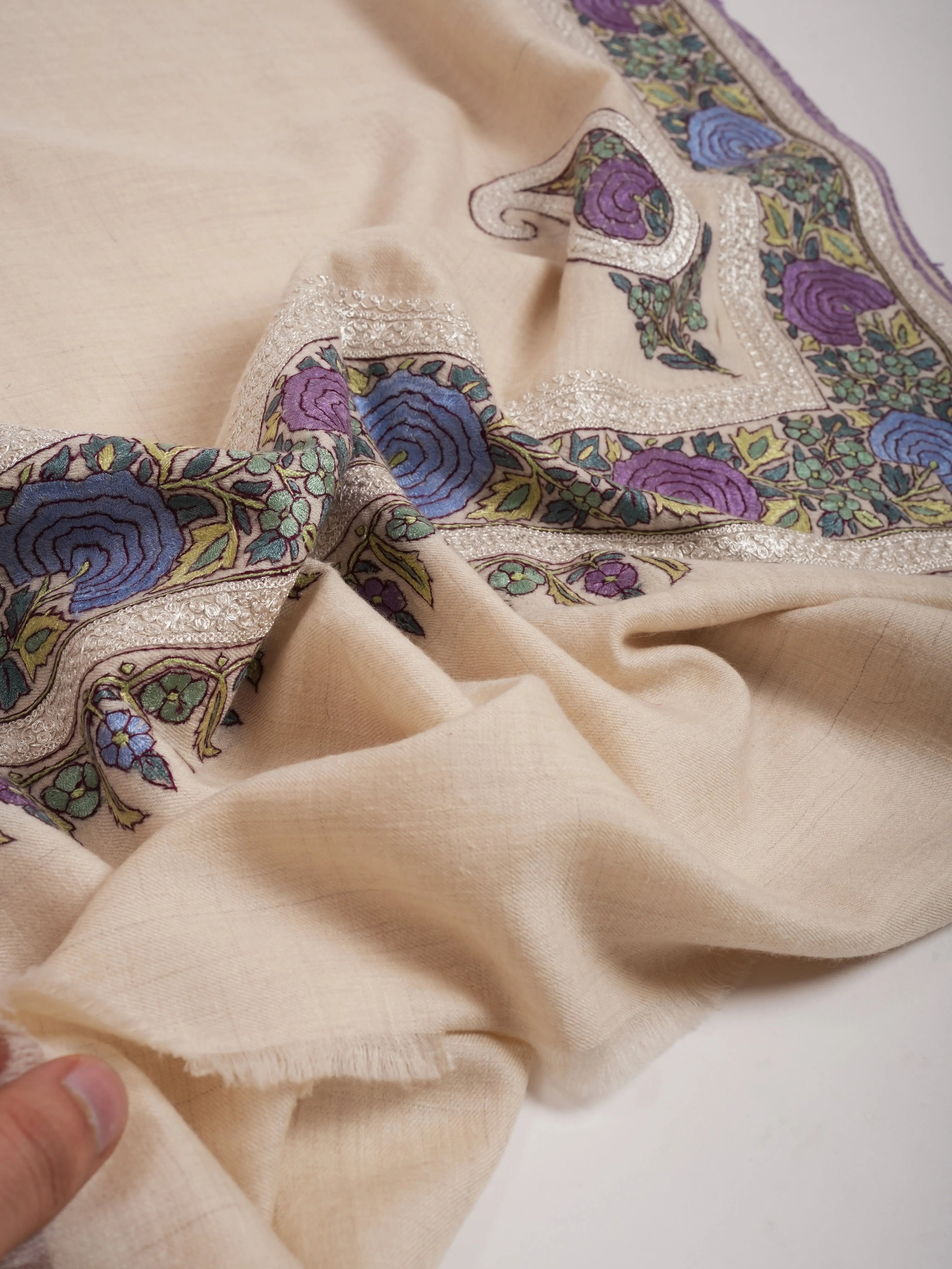 Ivory Artisanal Pashmina with Papermachie and Tilla Embroidery Shahkaar