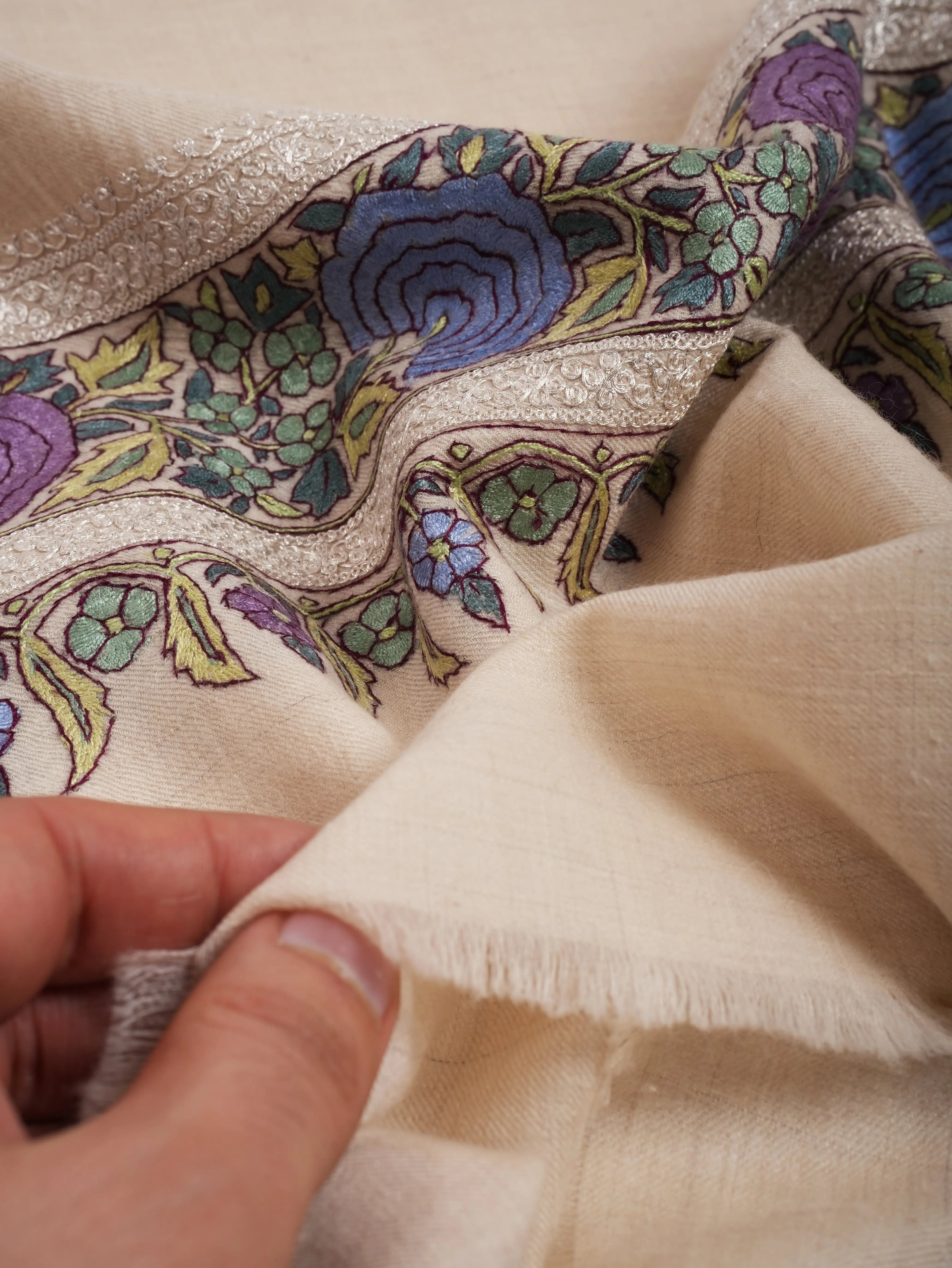 Ivory Artisanal Pashmina with Papermachie and Tilla Embroidery Shahkaar