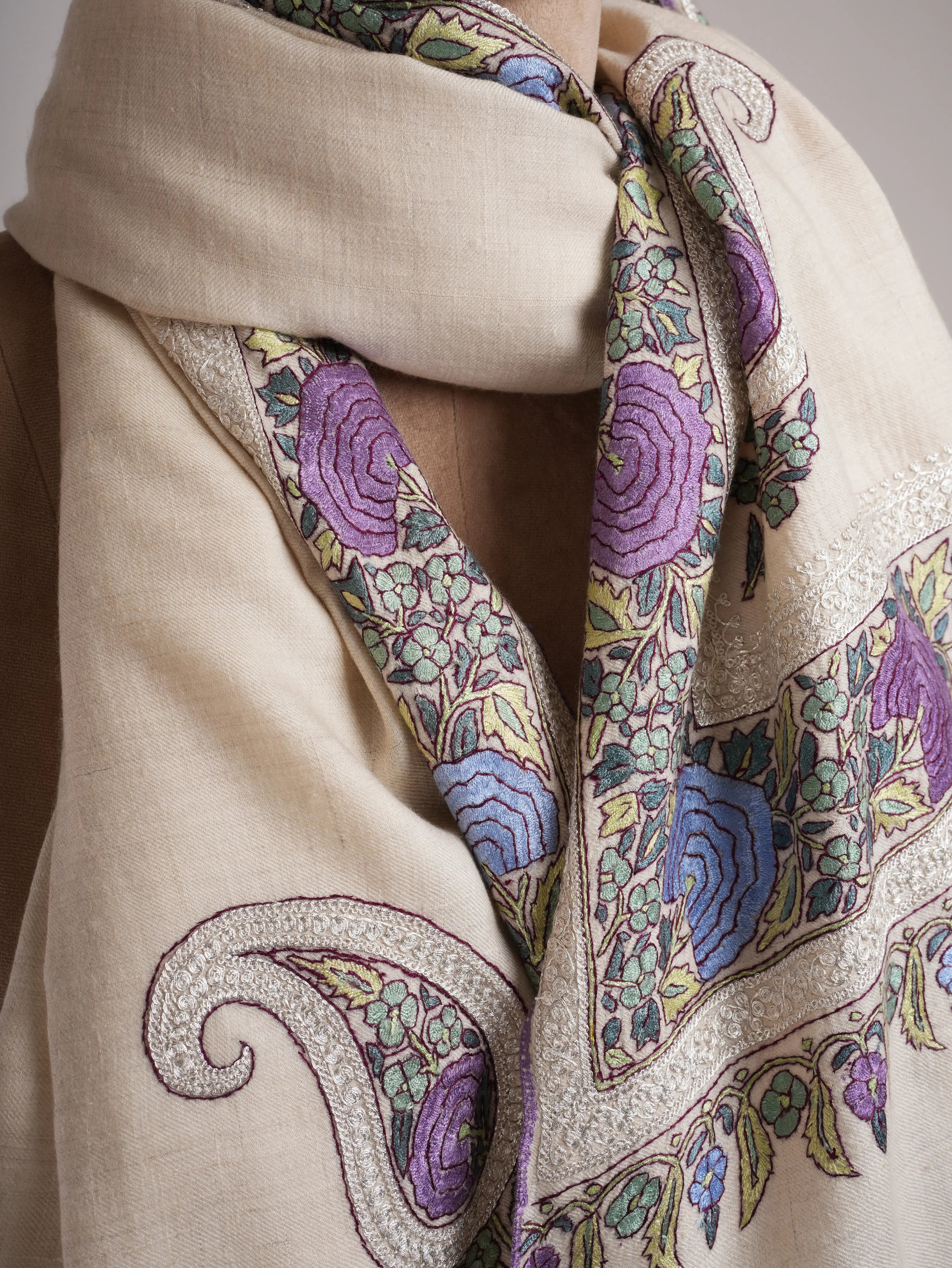 Ivory Artisanal Pashmina with Papermachie and Tilla Embroidery Shahkaar