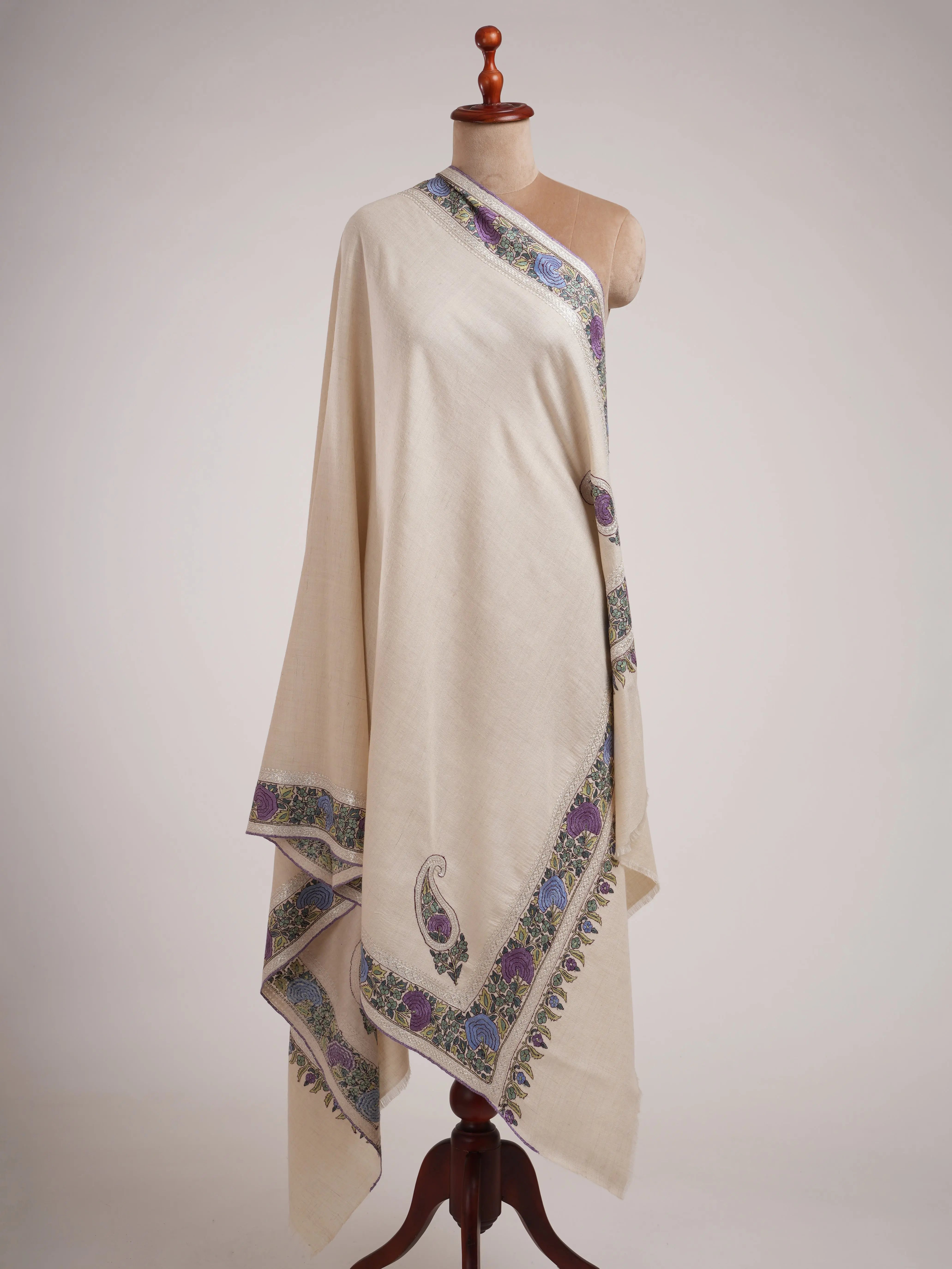 Ivory Artisanal Pashmina with Papermachie and Tilla Embroidery Shahkaar