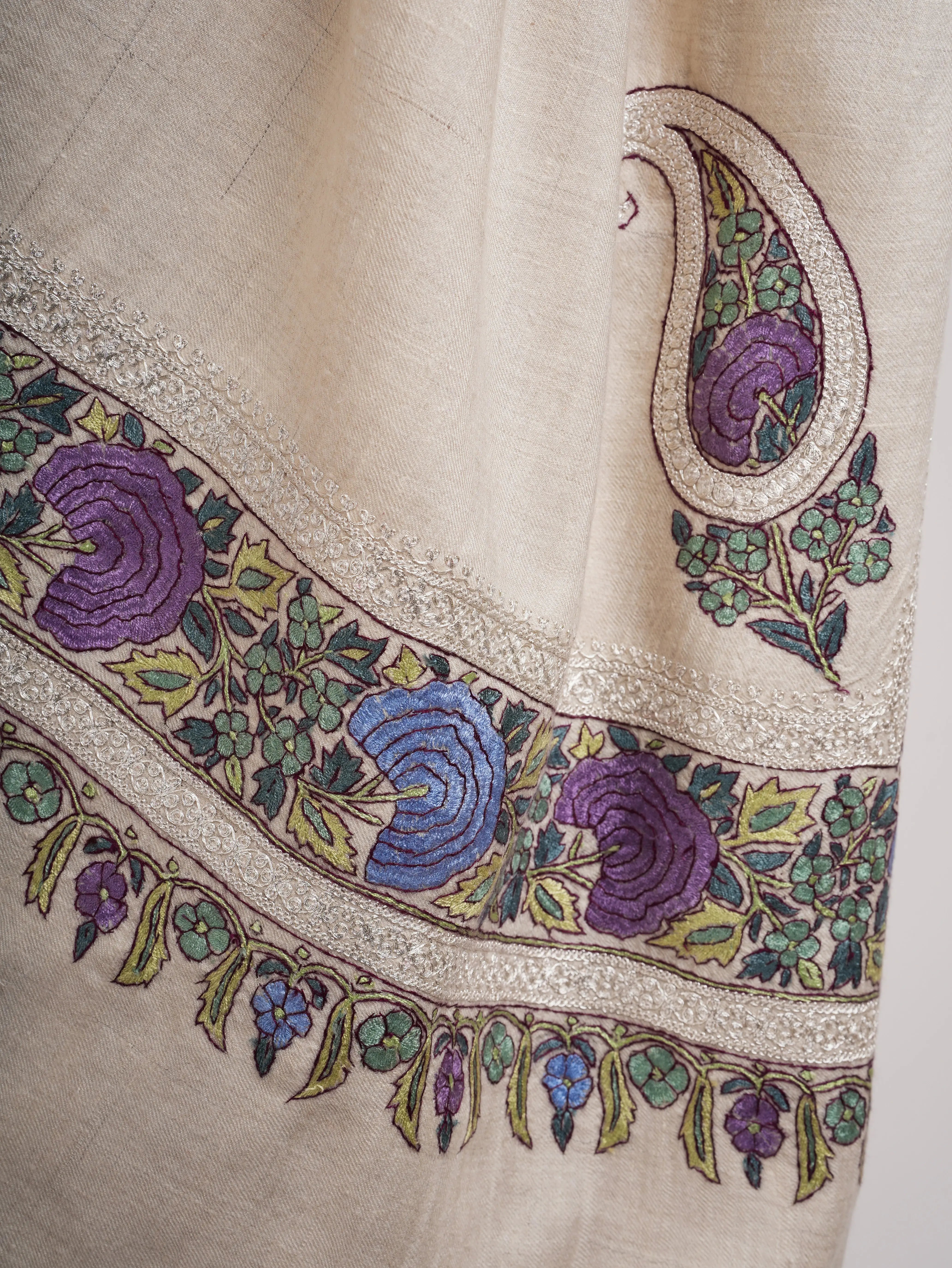 Ivory Artisanal Pashmina with Papermachie and Tilla Embroidery Shahkaar