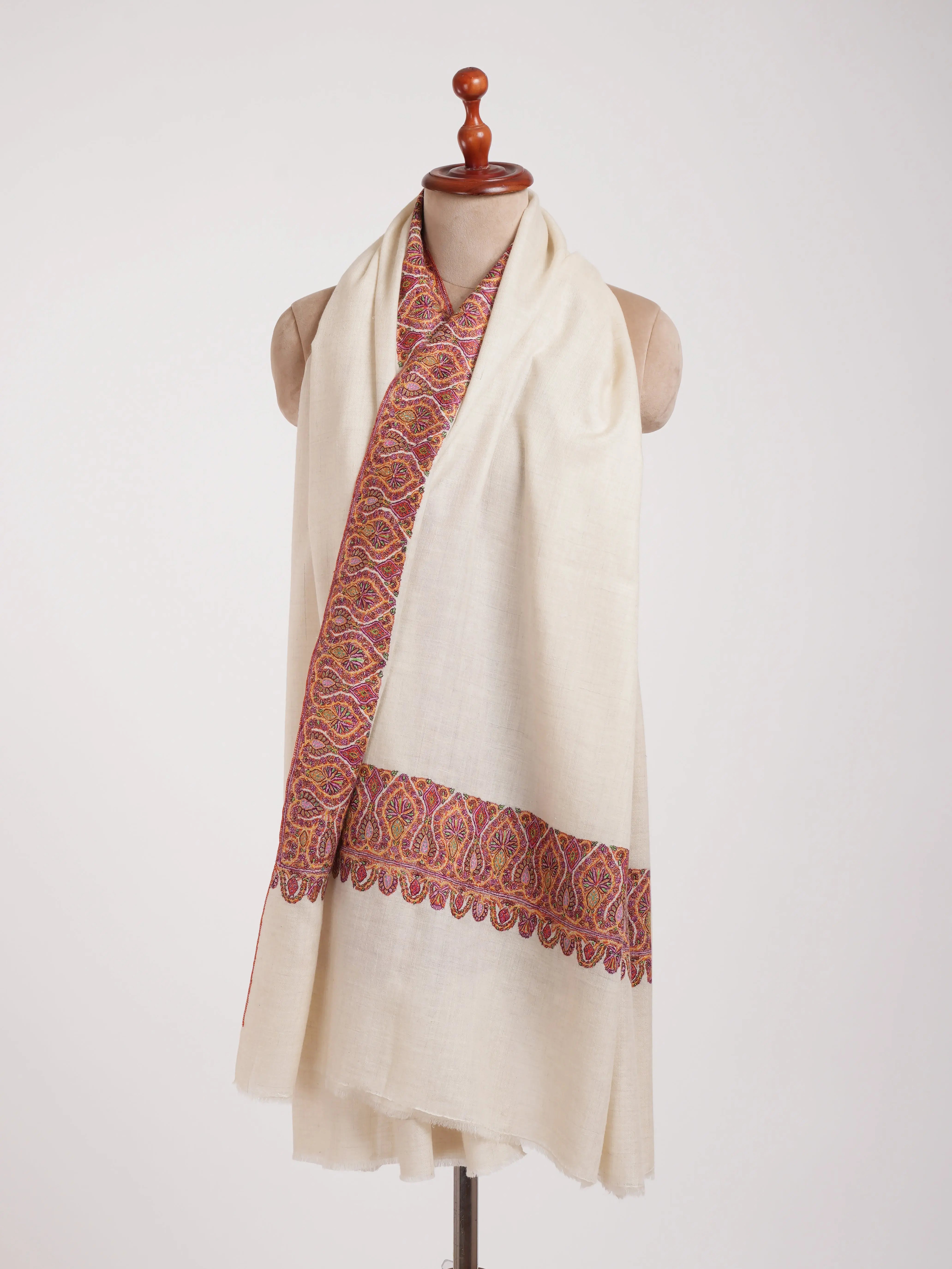 Ivory Artistic Daurdar Embroidered Pashmina Shawl Shahkaar