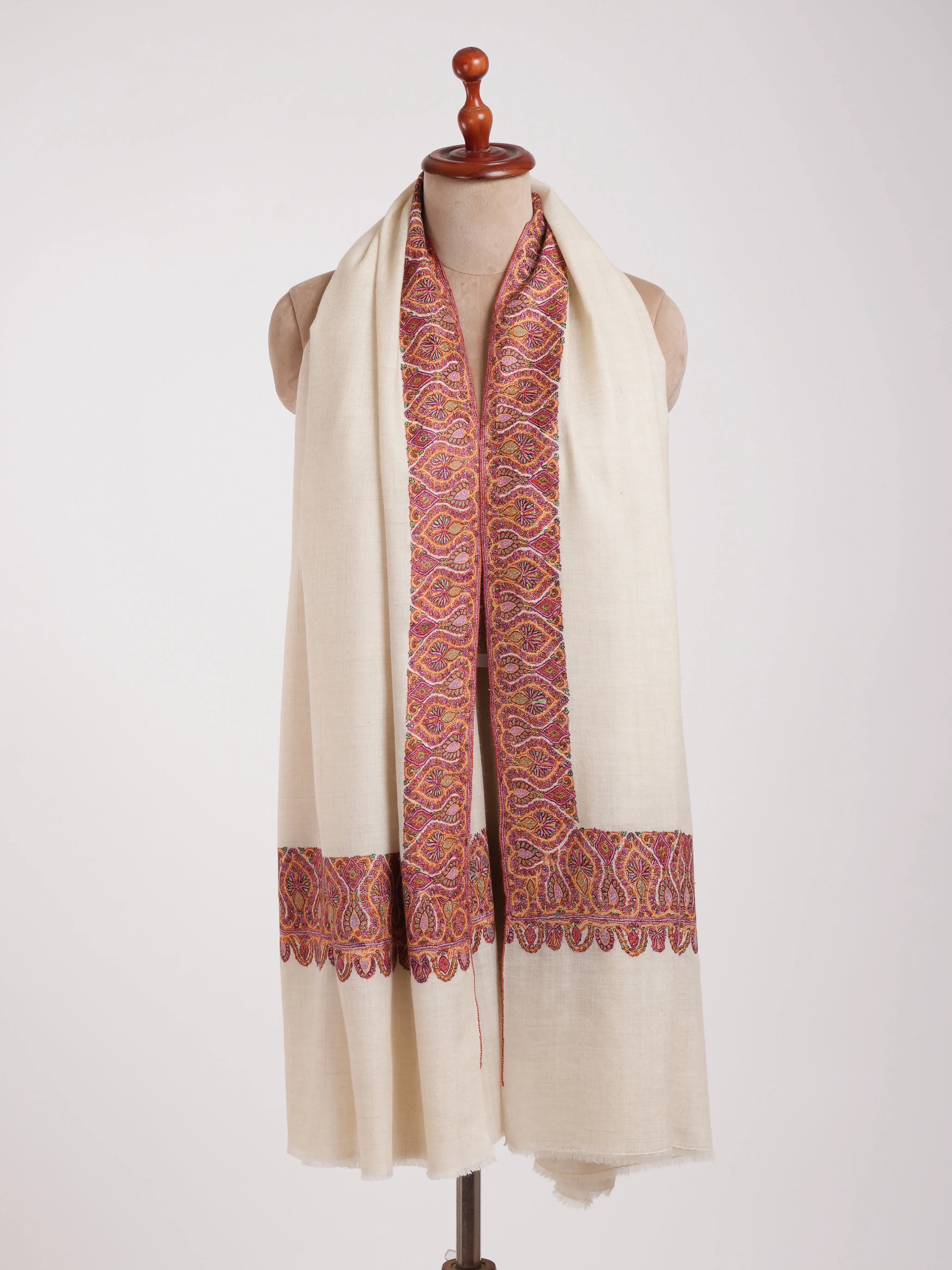 Ivory Artistic Daurdar Embroidered Pashmina Shawl Shahkaar