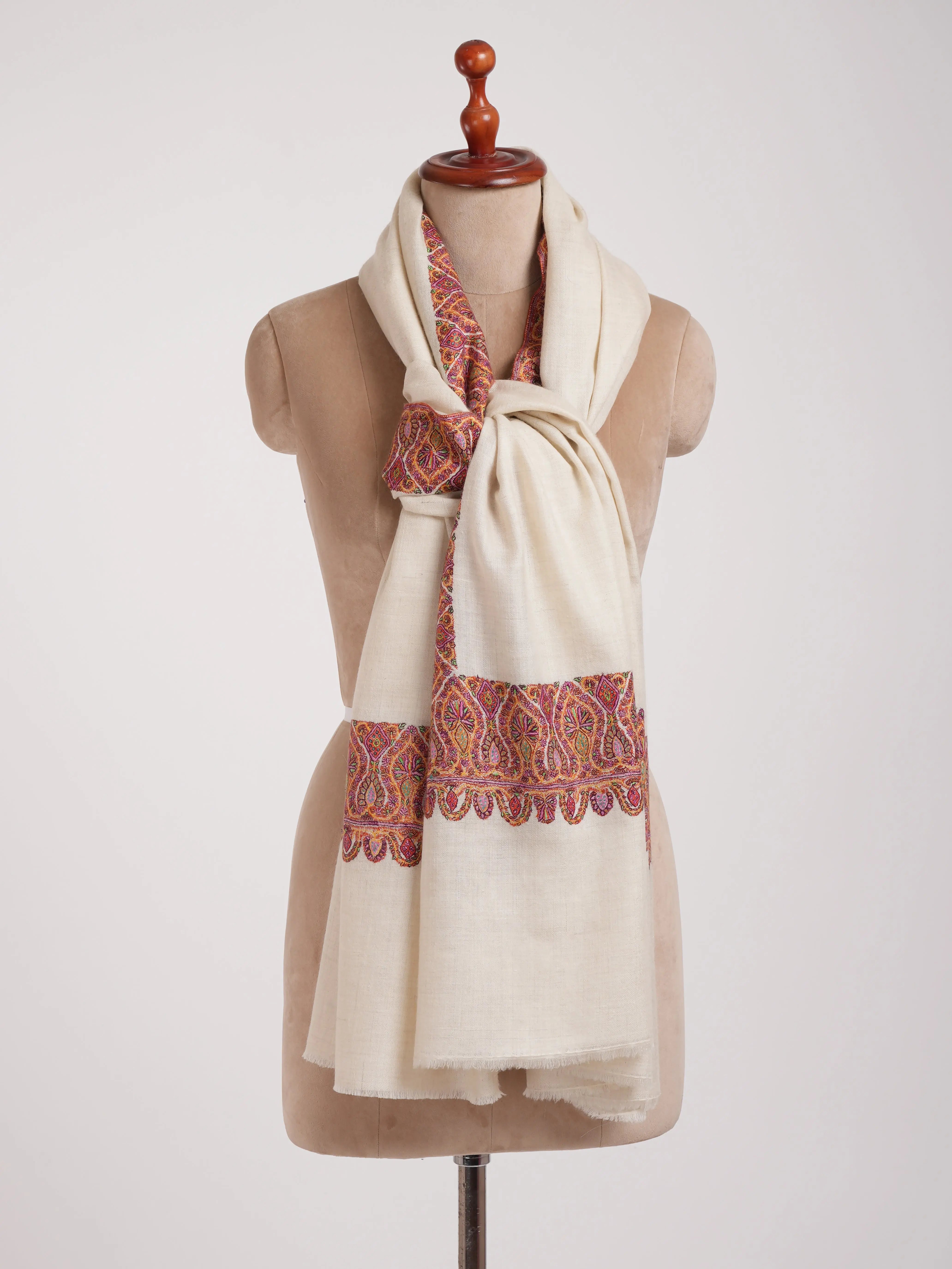 Ivory Artistic Daurdar Embroidered Pashmina Shawl Shahkaar